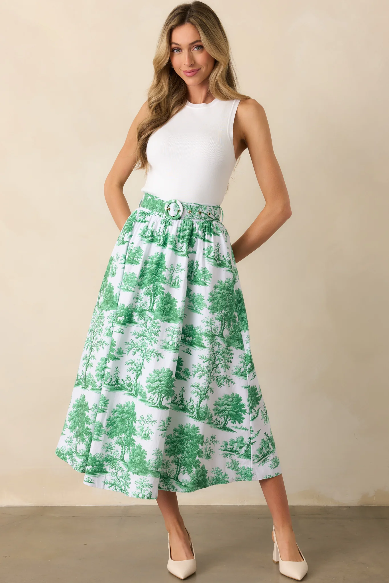 Thena Eden Green Toile Cotton Belted Midi Skirt