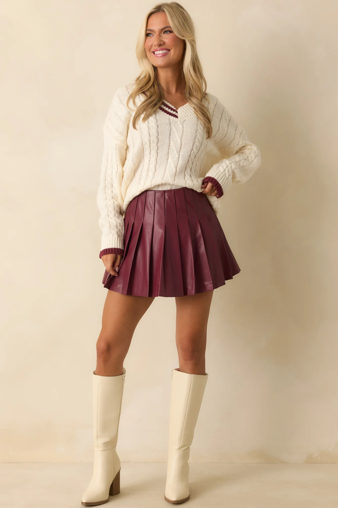 Comes Down To This Wine Red Faux Leather Pleated Mini Skirt