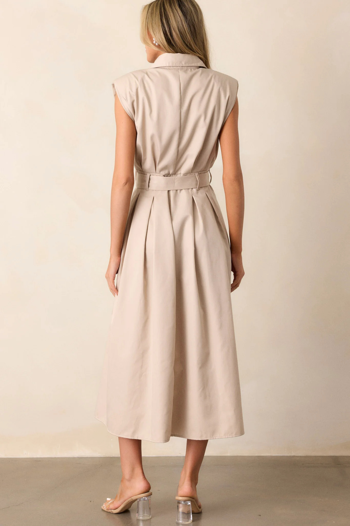 Beige Belted Midi Dress