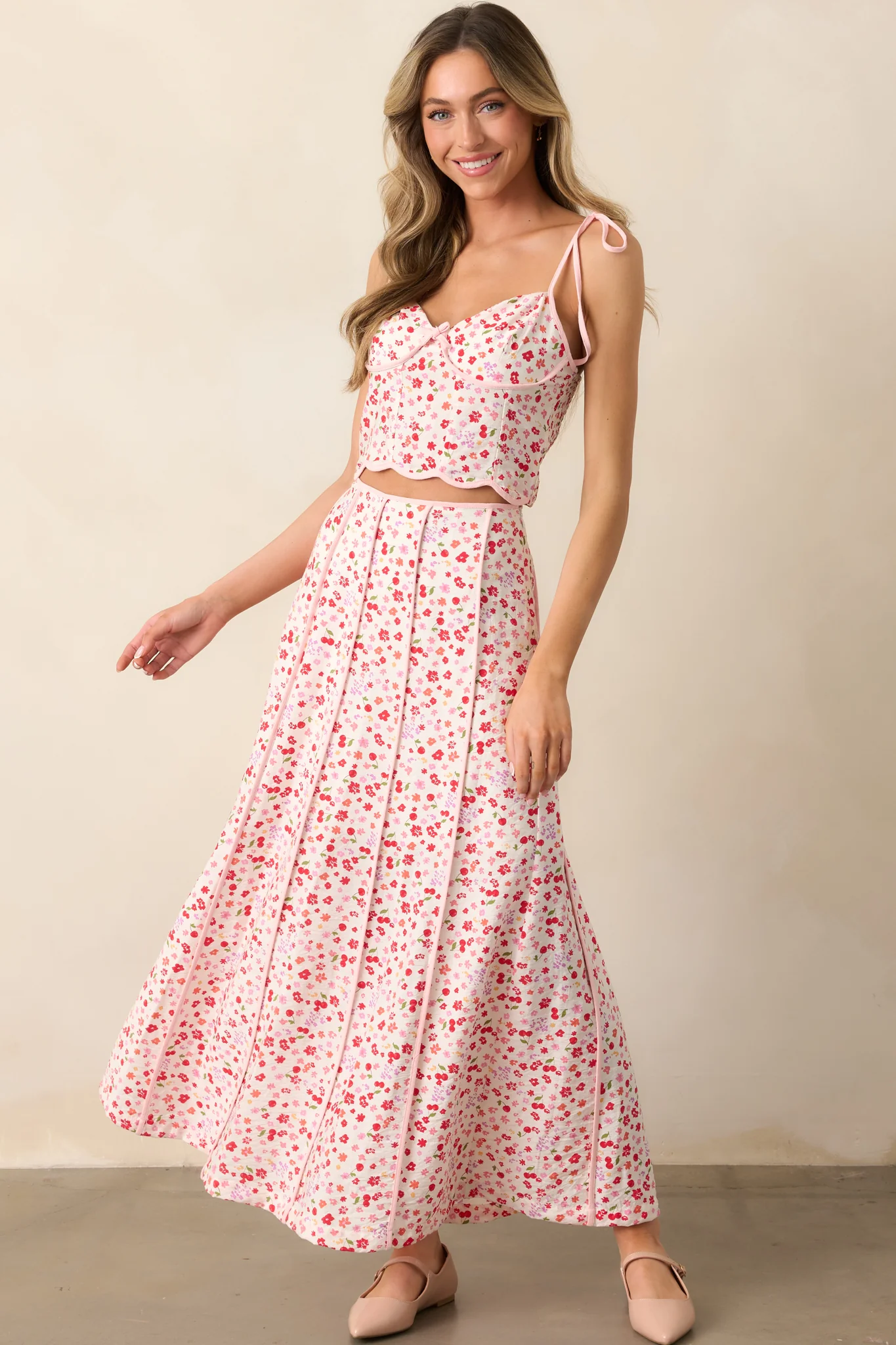 All Things Considered Pink Cherry Floral Bustier Crop Top