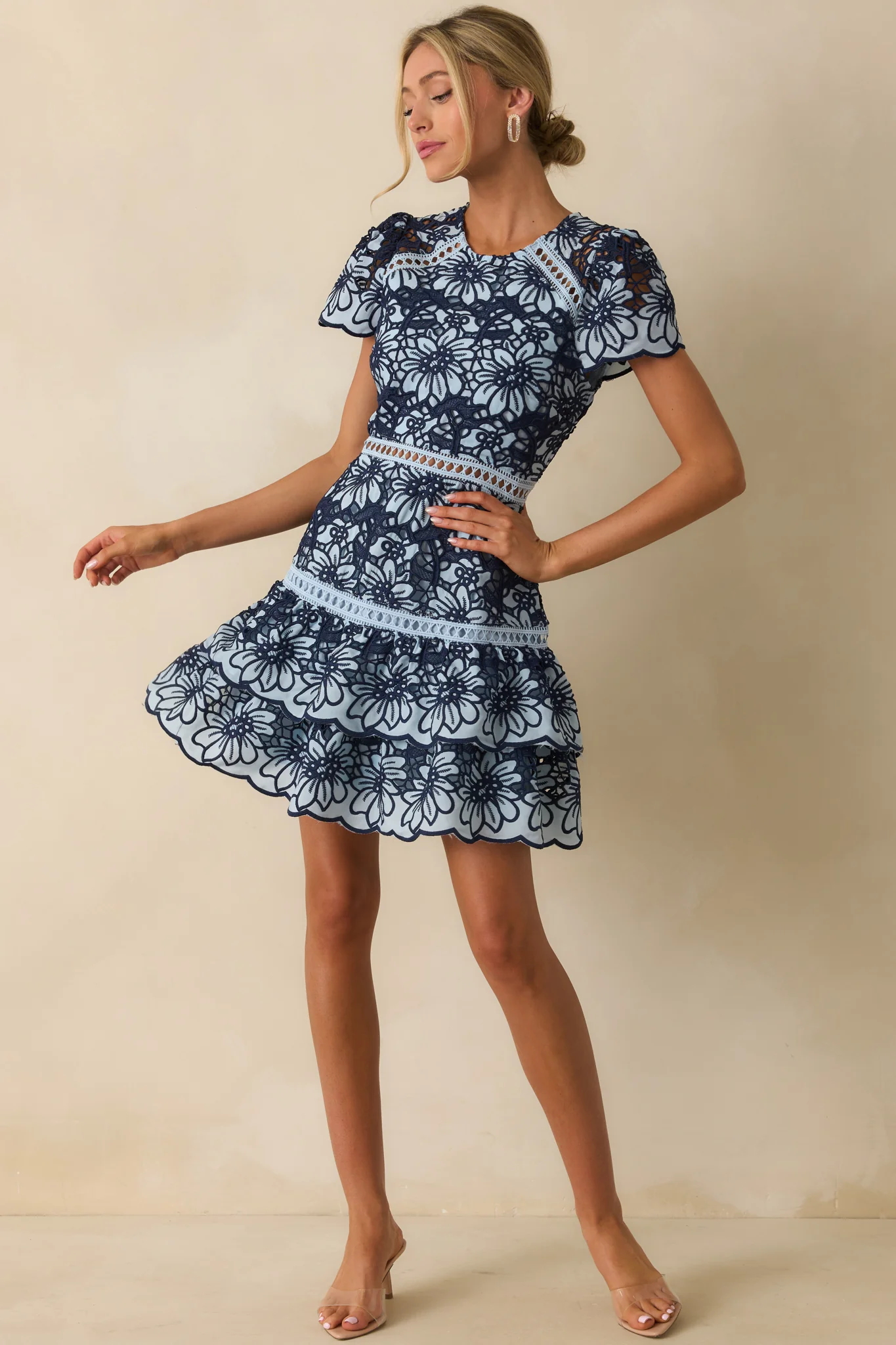 Can’t Miss This Blue Multi Floral Embroidered Lace Mini Dress