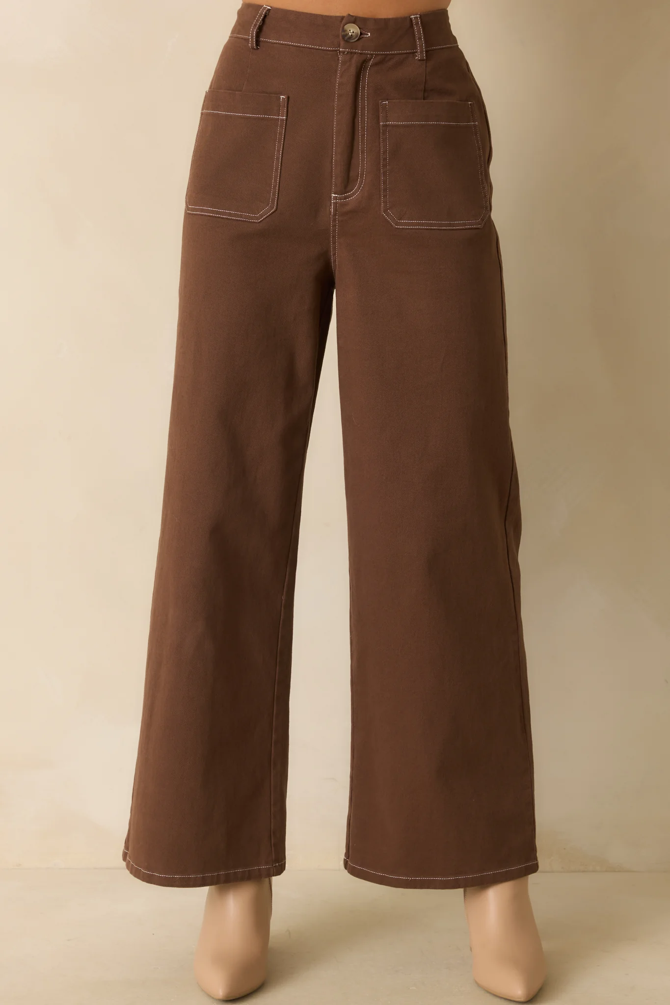 What Makes Sense Brown Cotton Contrast Stitch Wide Leg Pants