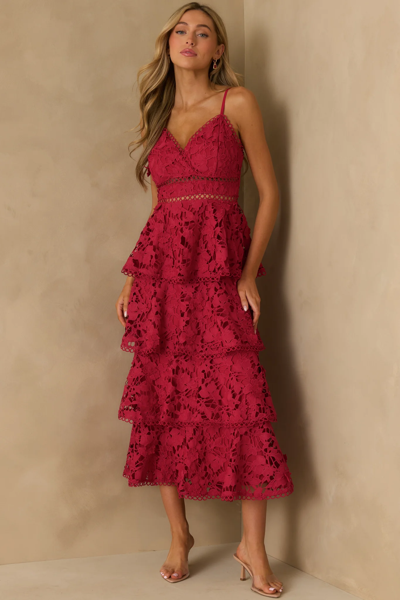 Got My Attention Red Floral Guipure Lace Tiered Maxi Dress