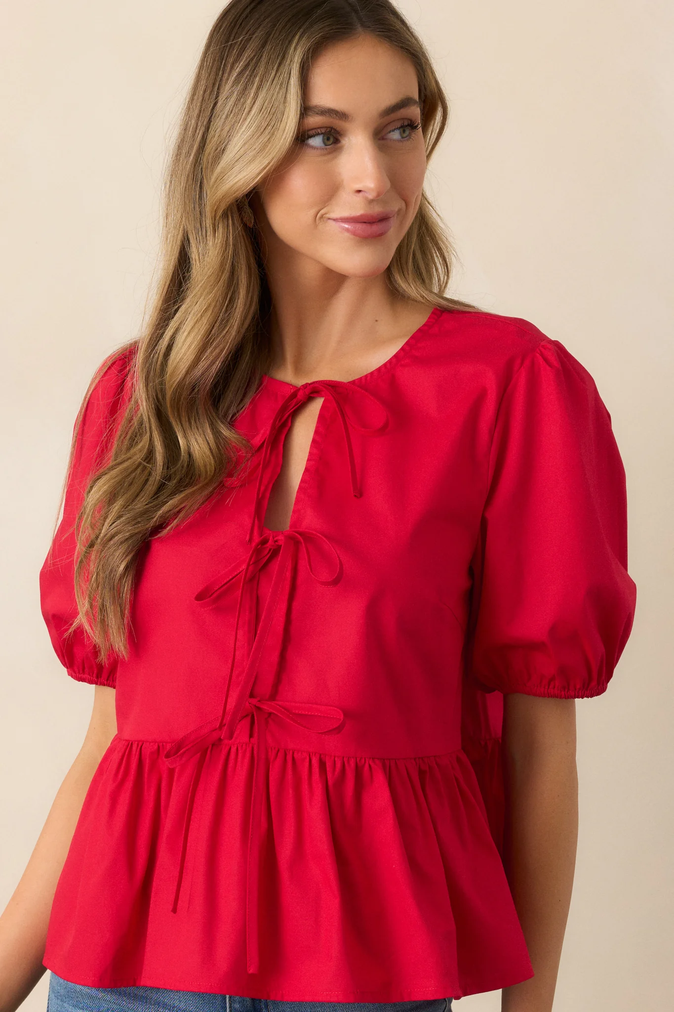 Something Special Red Cotton Bow Front Puff Sleeve Top