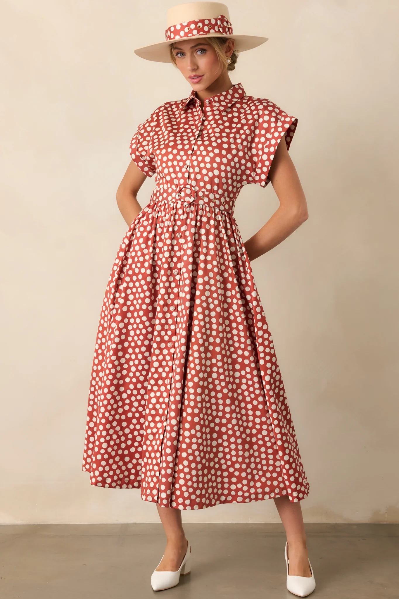 Prosperina Jocelyn Brick Red Polka Dot Cotton Maxi Dress