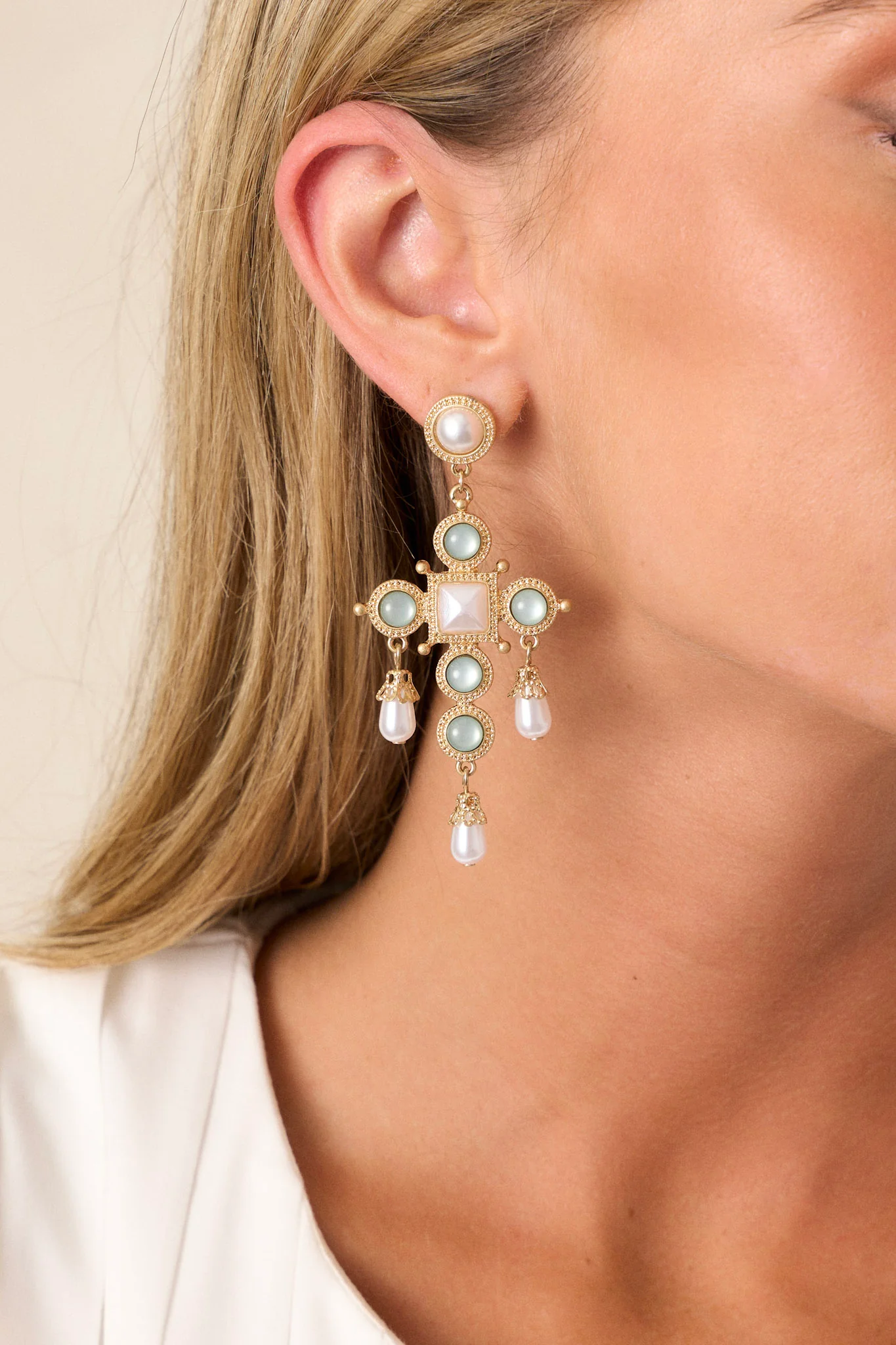 Opaline Breeze Gold & Sage Pearl Drop Earrings