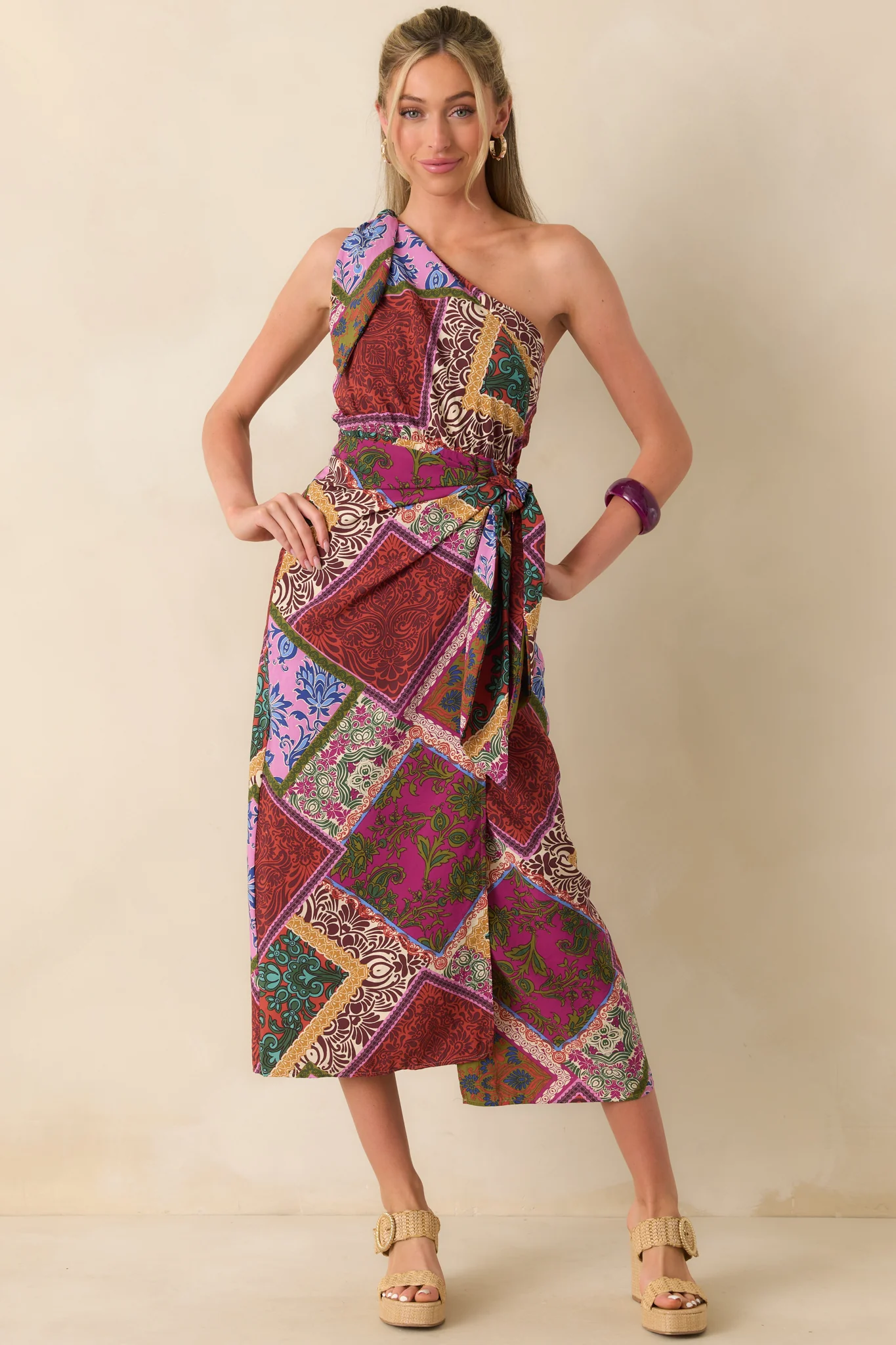 It's All Settled Red Multi Patchwork Print One Shoulder Maxi Dress
