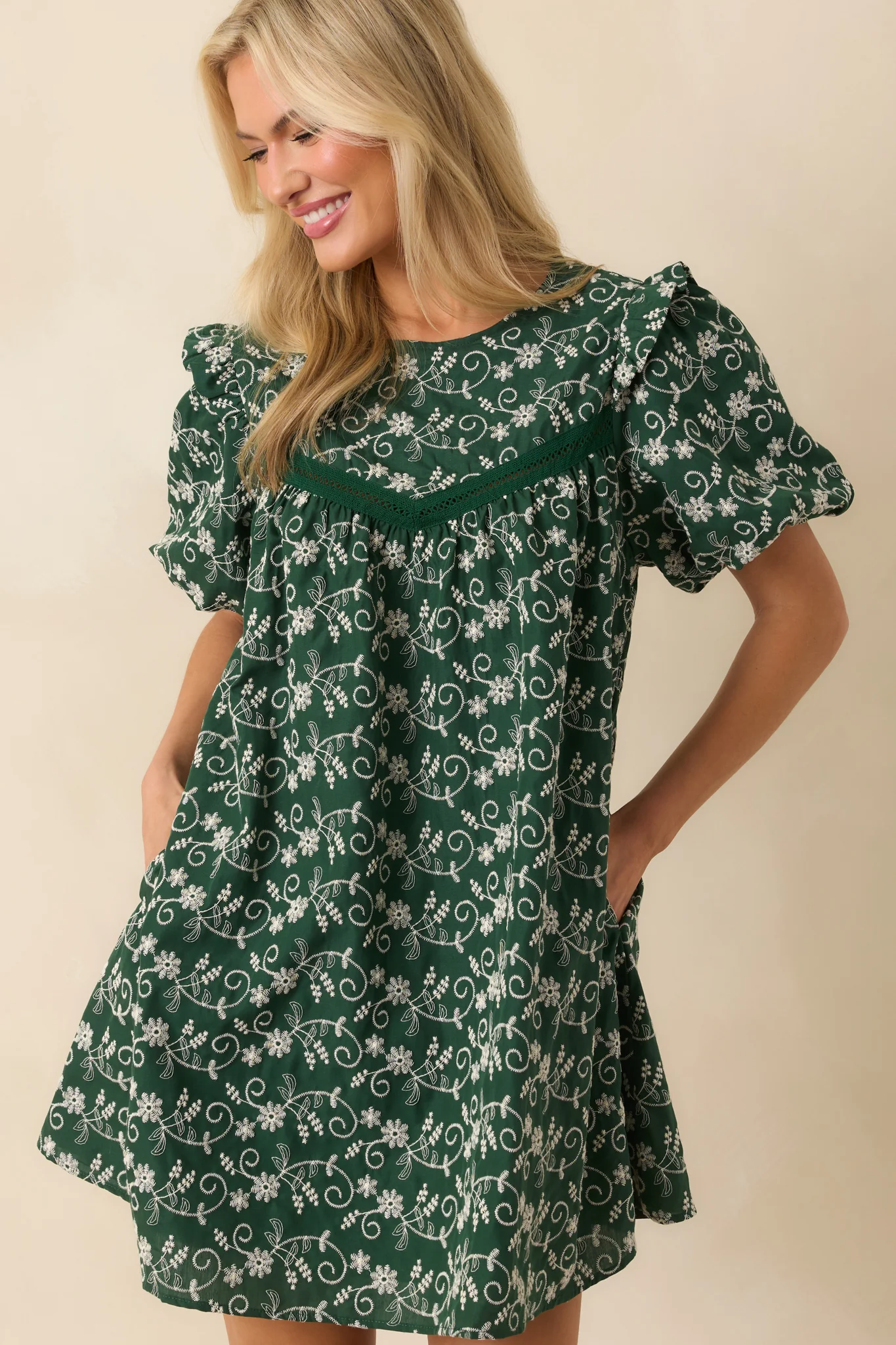 Already Knew Hunter Green Floral Embroidered Eyelet Mini Dress
