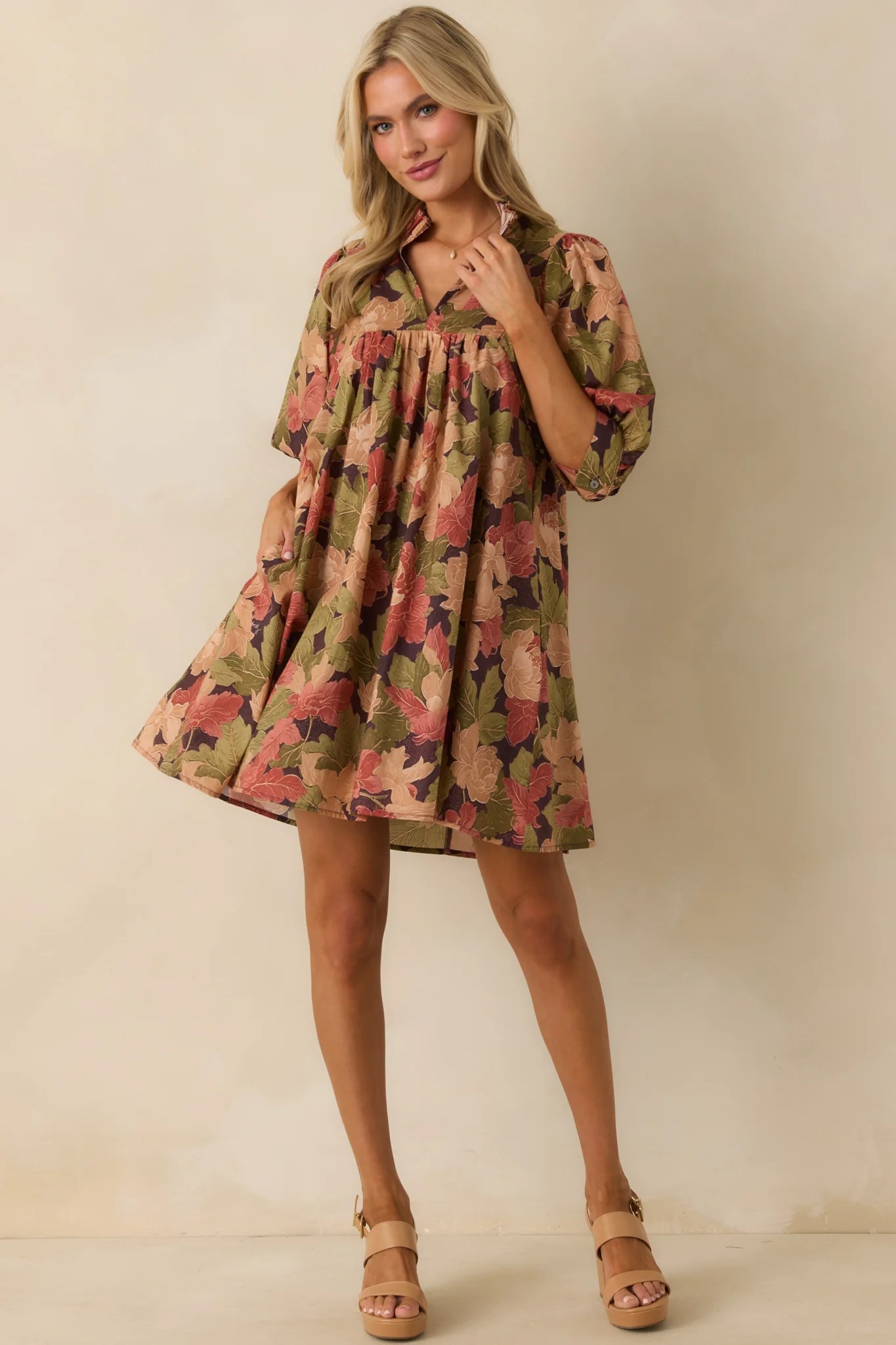 Under The Willow Brown Multi Floral Print Cotton Mini Dress