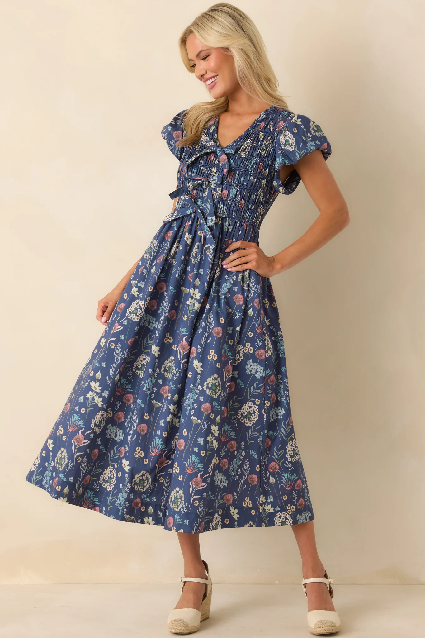 A Subtle Shift Dusty Blue Multi Floral Print Cotton Midi Dress