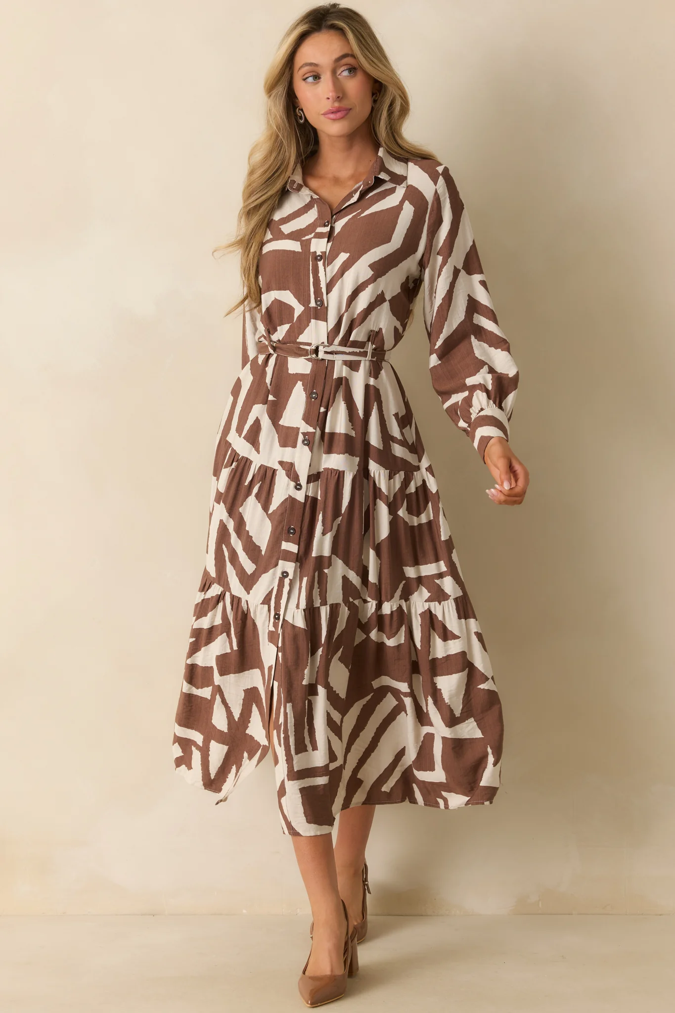 Straight To The Point Brown Abstract Print Belted Maxi Shirt Dress