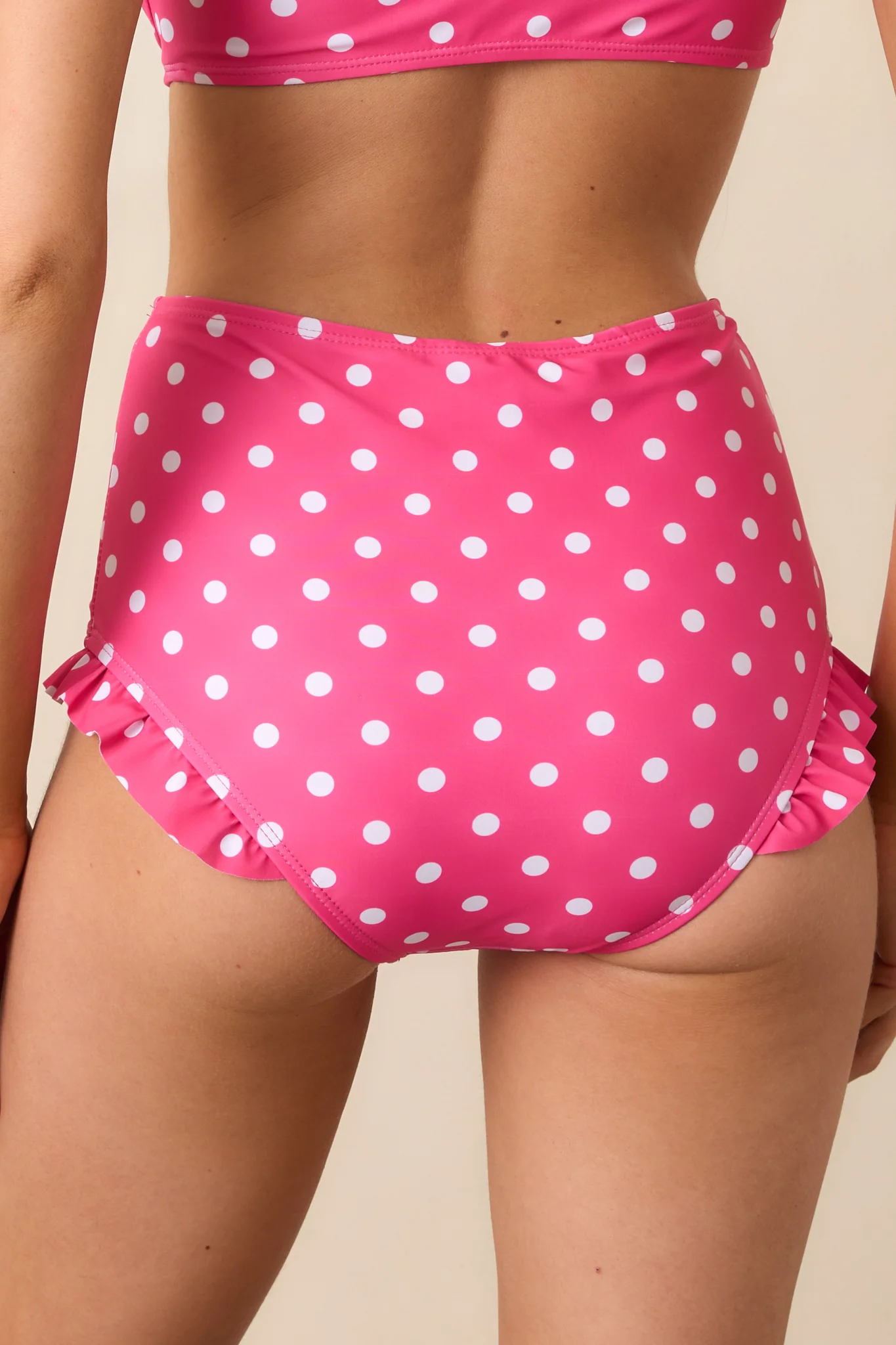 Under The Sun Pink Polka Dot High-Waisted Ruffle Trim Bikini Bottoms