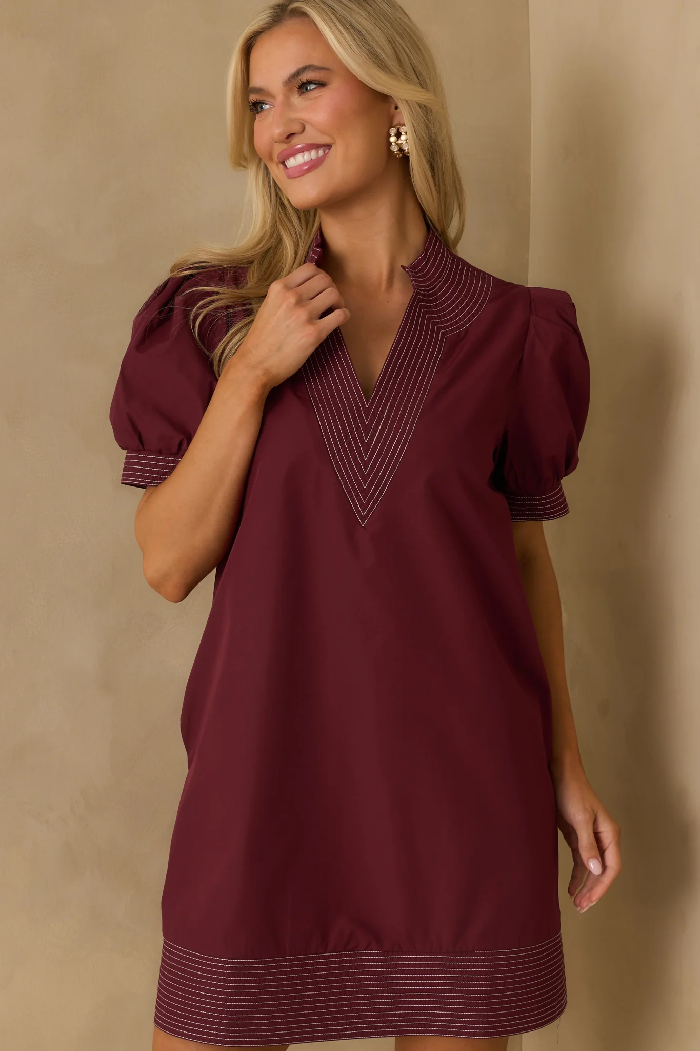 Took The Right Turn Burgundy Cotton Puff Sleeve Mini Dress
