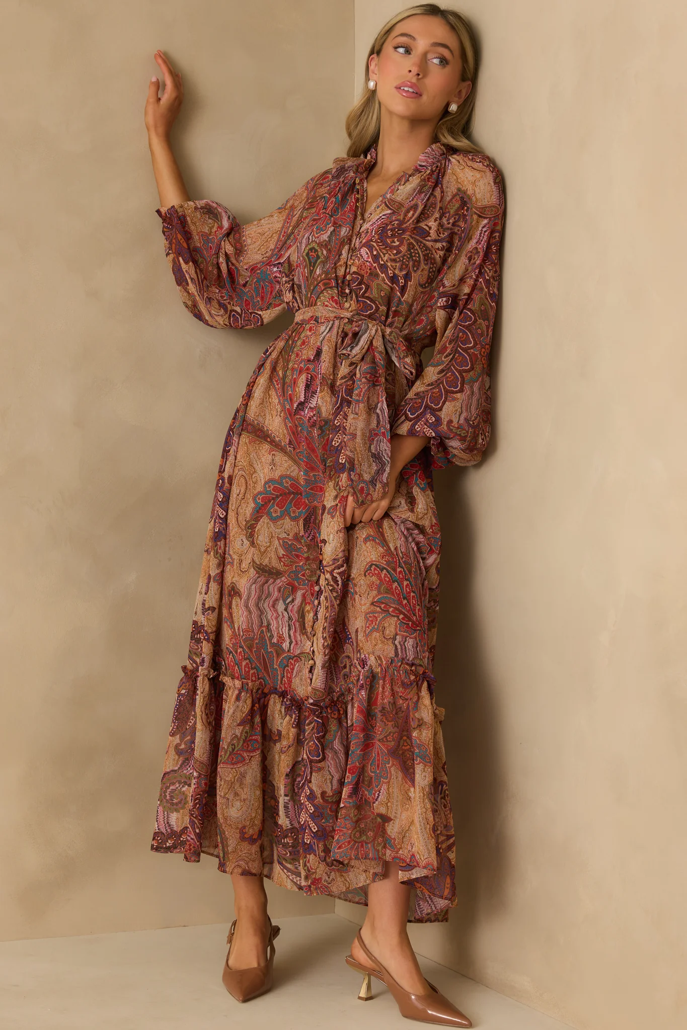 Point Taken Burgundy Multi Paisley Print Chiffon Maxi Dress