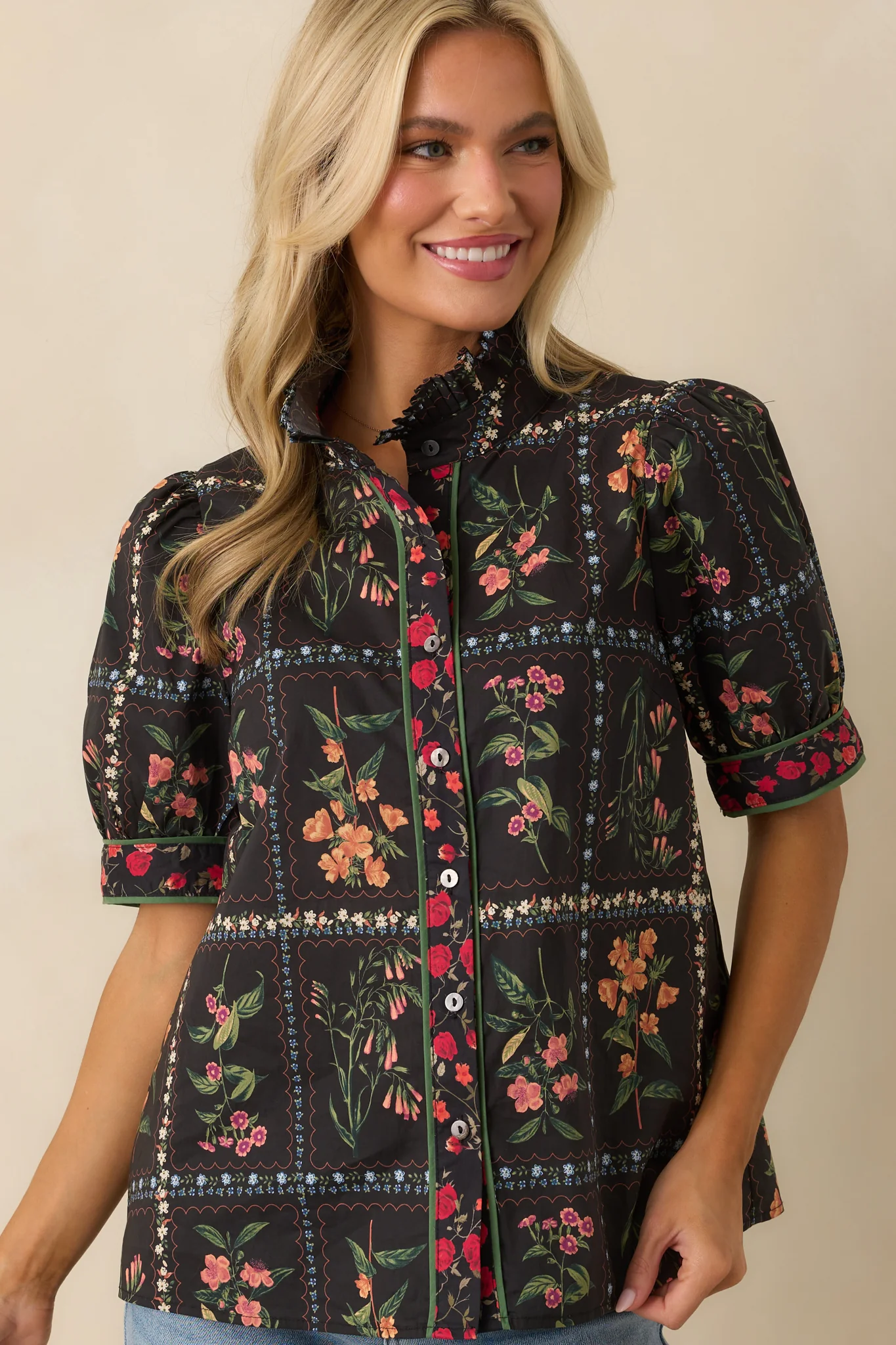 Full Of Light Black Multi Floral Print Cotton Button Up Top