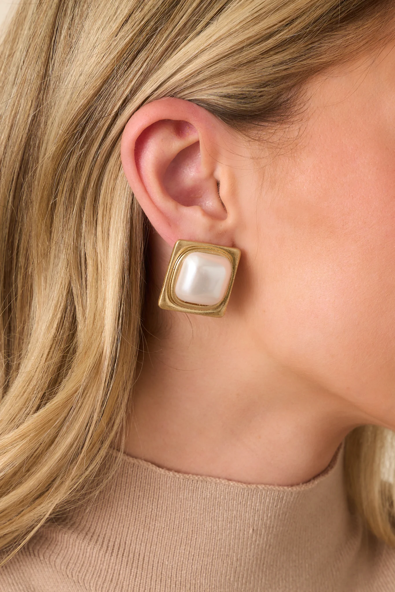 A Little Obsessed Ivory Pearl Gold Square Frame Stud Earrings