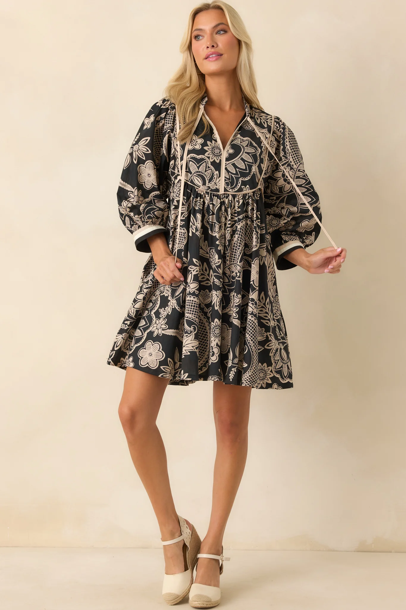 Crisp Morning Air Black Floral Cotton Quarter Sleeve Mini Dress