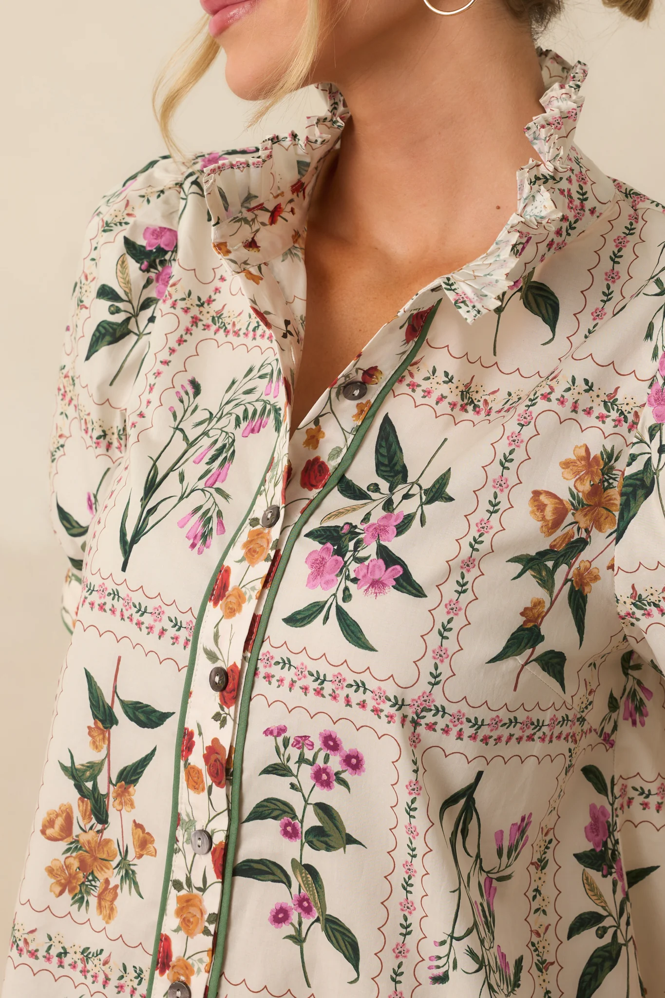 Full Of Light Ivory Multi Floral Print Cotton Button Up Top