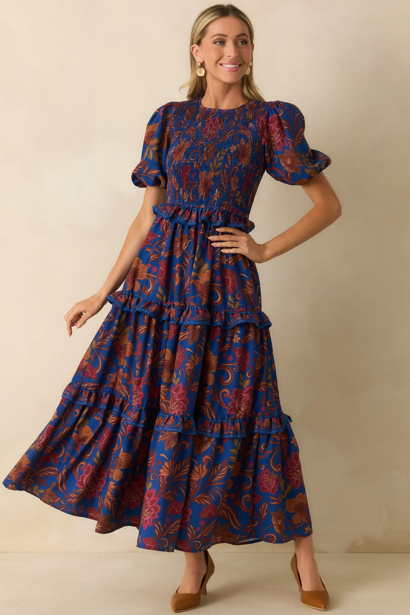 Navy Multi Floral Print Puff Sleeve Maxi Dress