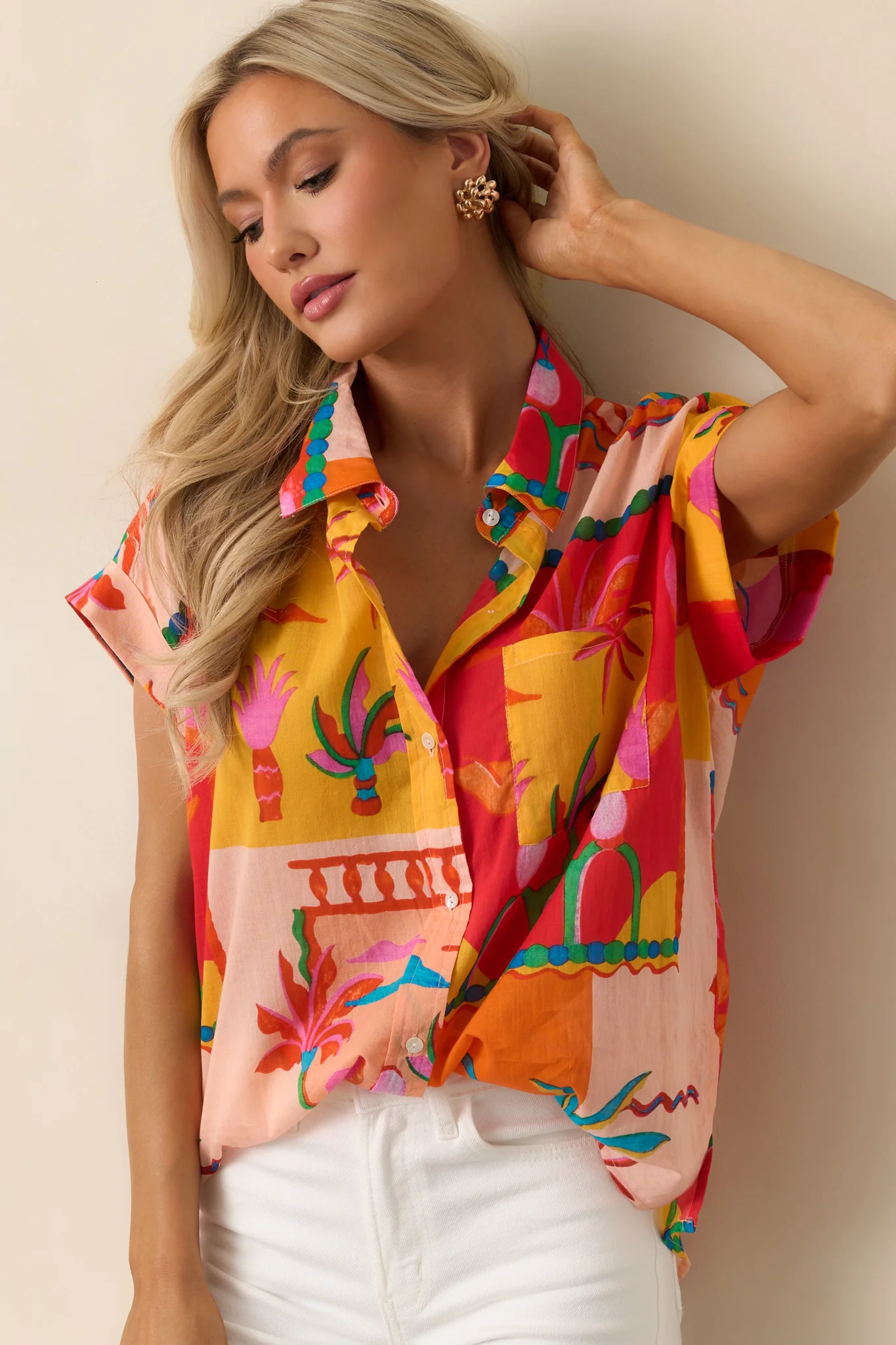 Urban Jungle Orange Tropical Print Cotton Button Front Top