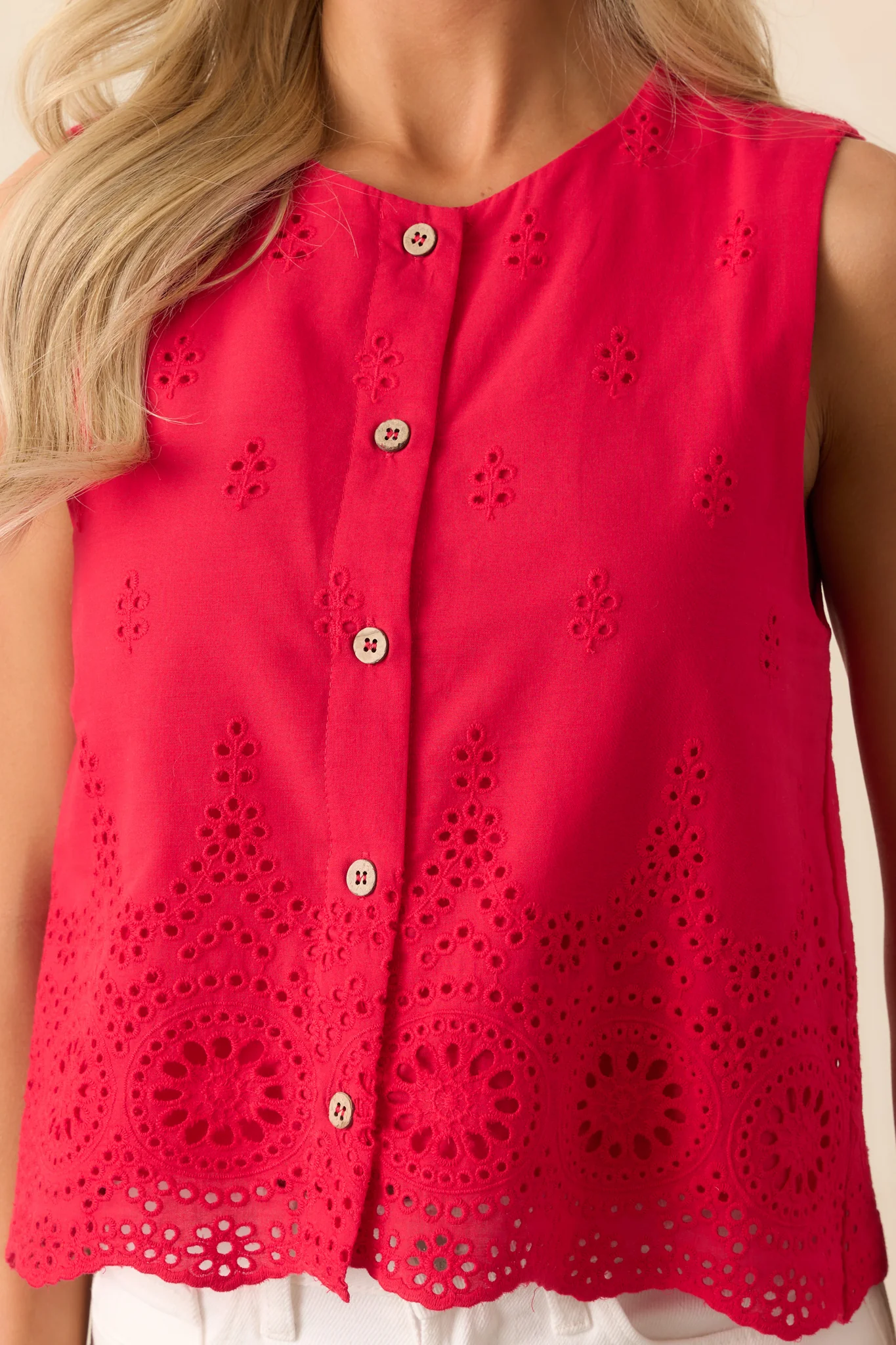 Say No More Red Cotton Eyelet Embroidered Button Front Top
