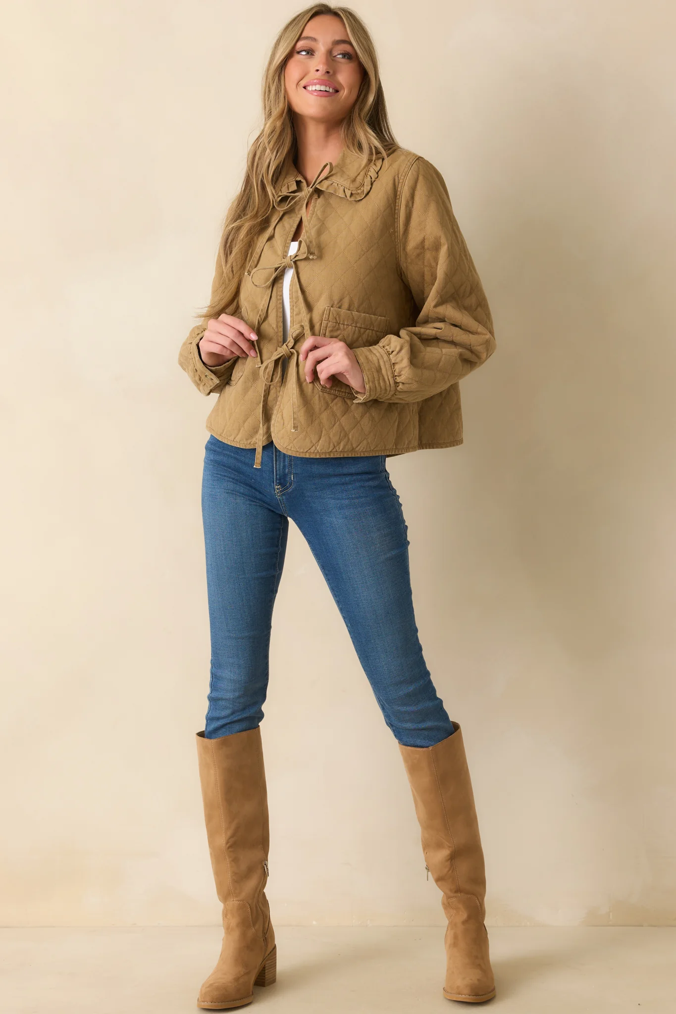 How It Should Be Khaki Brown Quilted Cotton Bow Front Jacket