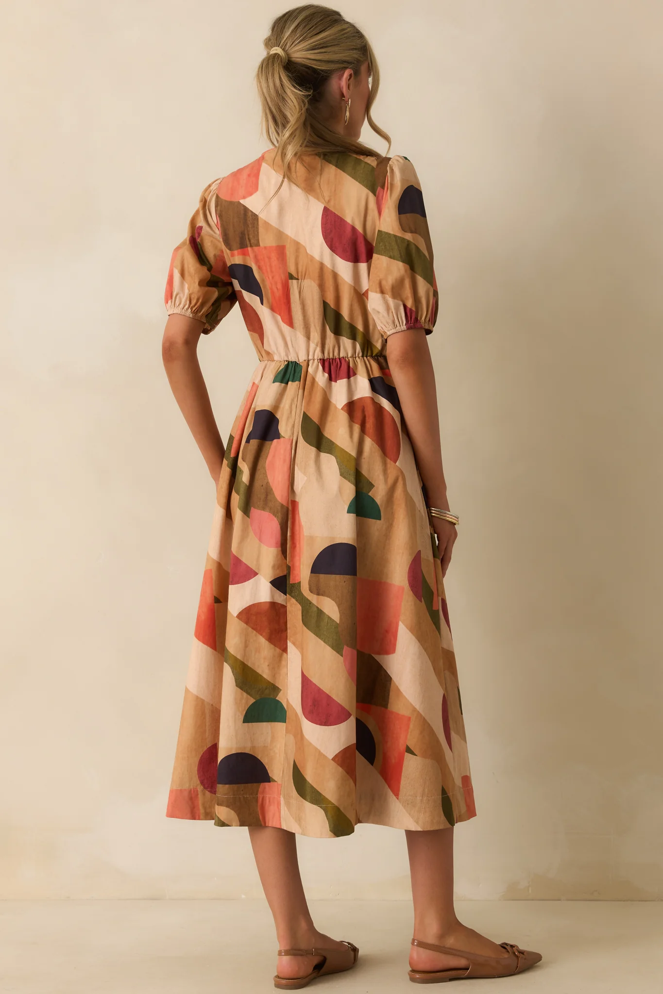 Through The Grapevine Tan Multi Abstract Print Midi Dress
