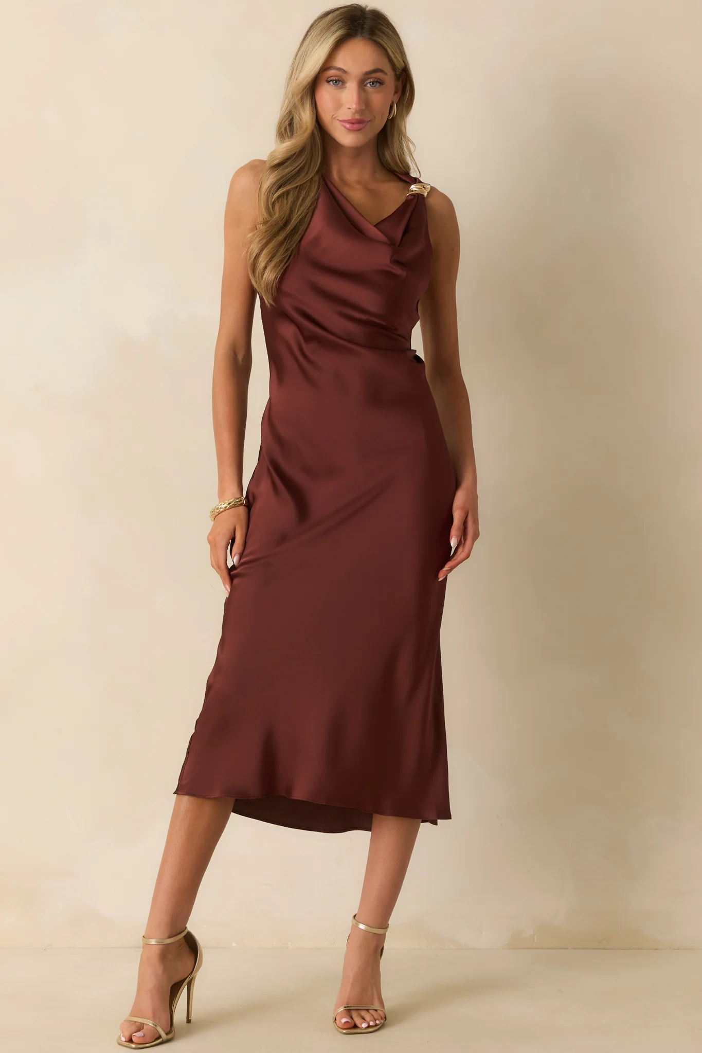 As I Expected Brown Satin Cowl Neck Sleeveless Midi Dress