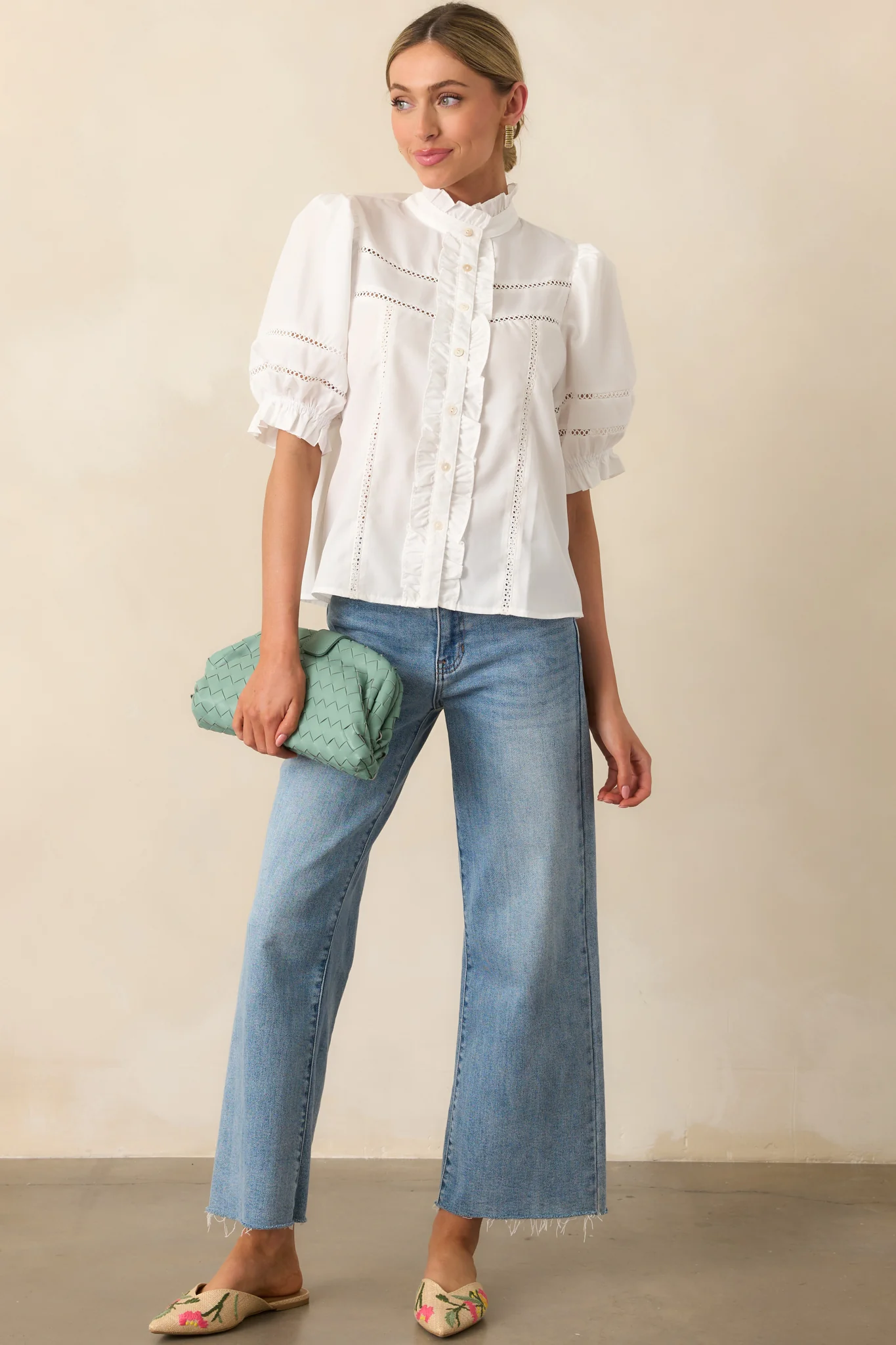 Taking The Scenic Route Ivory Eyelet Ruffle Half Sleeve Top