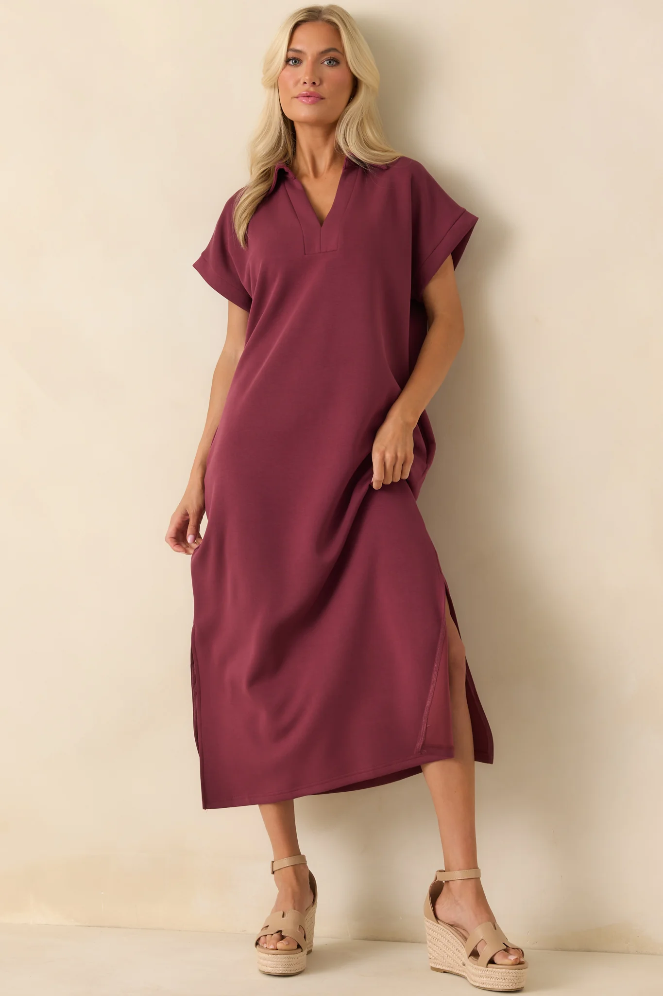 Made The Right Call Burgundy Collared Midi T-Shirt Dress