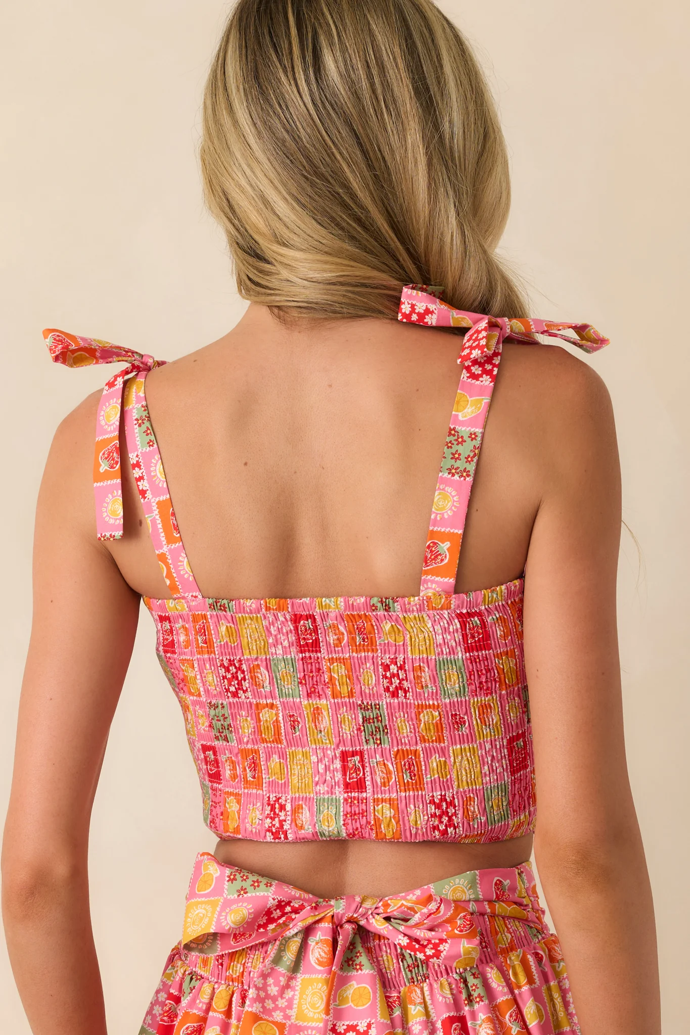 Shore Thing Pink Multi Patchwork Print Smocked Crop Top