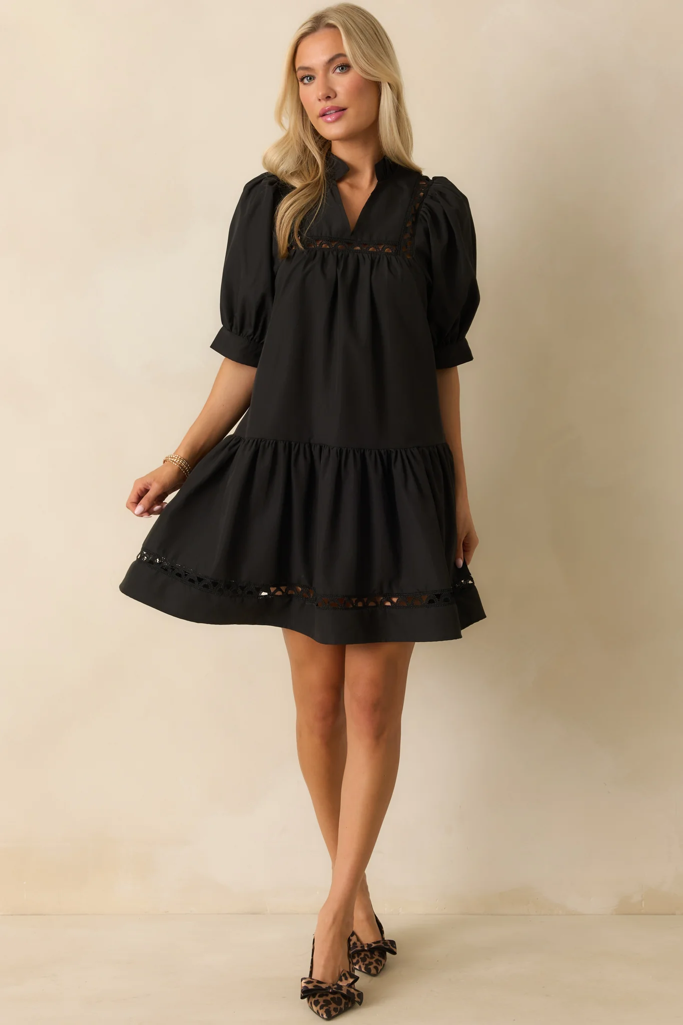 Feels Just Right Black Puff Sleeve Embroidered Eyelet Mini Dress