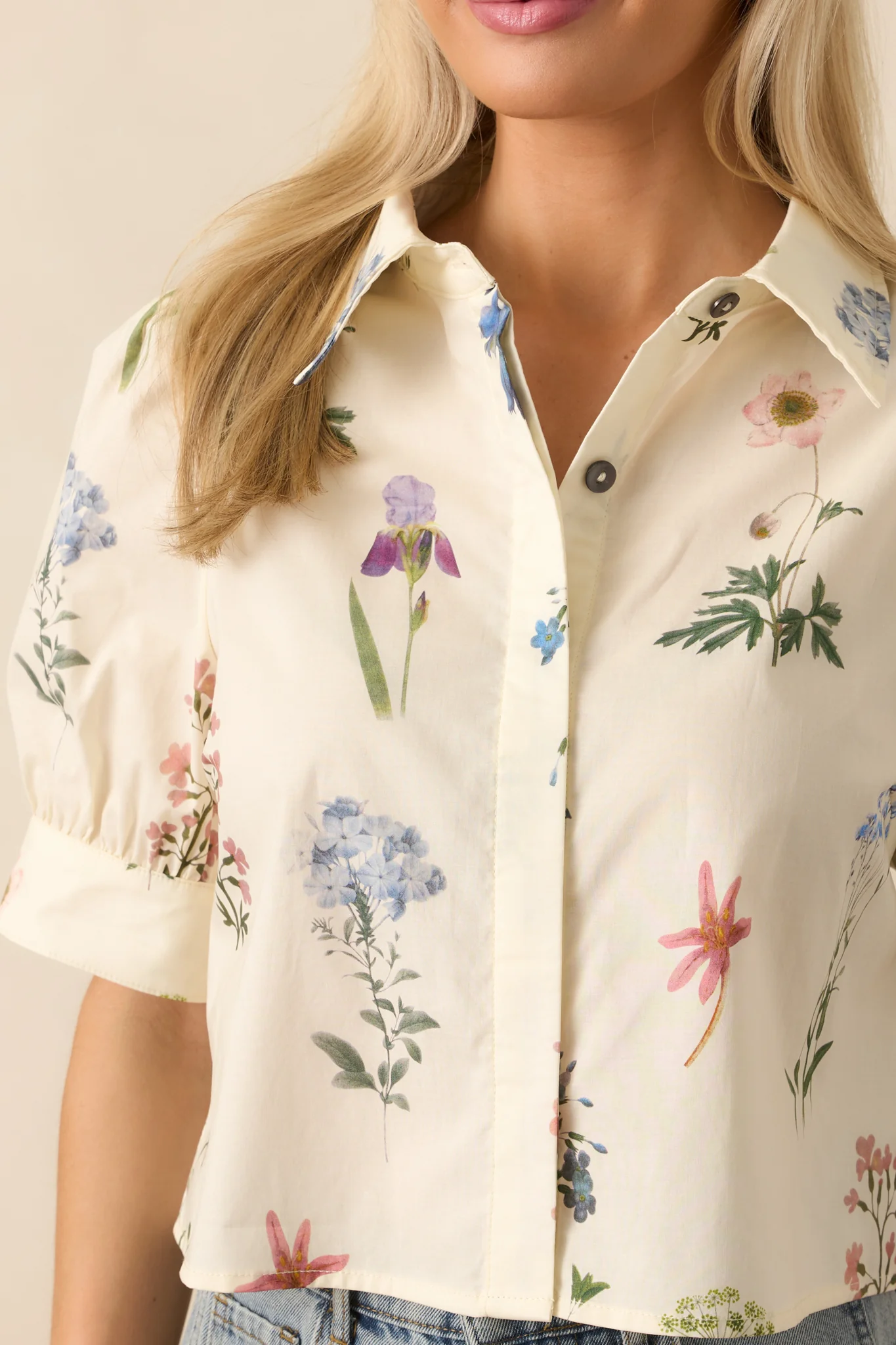Found My Peace Ivory Floral Print Cotton Button Front Top