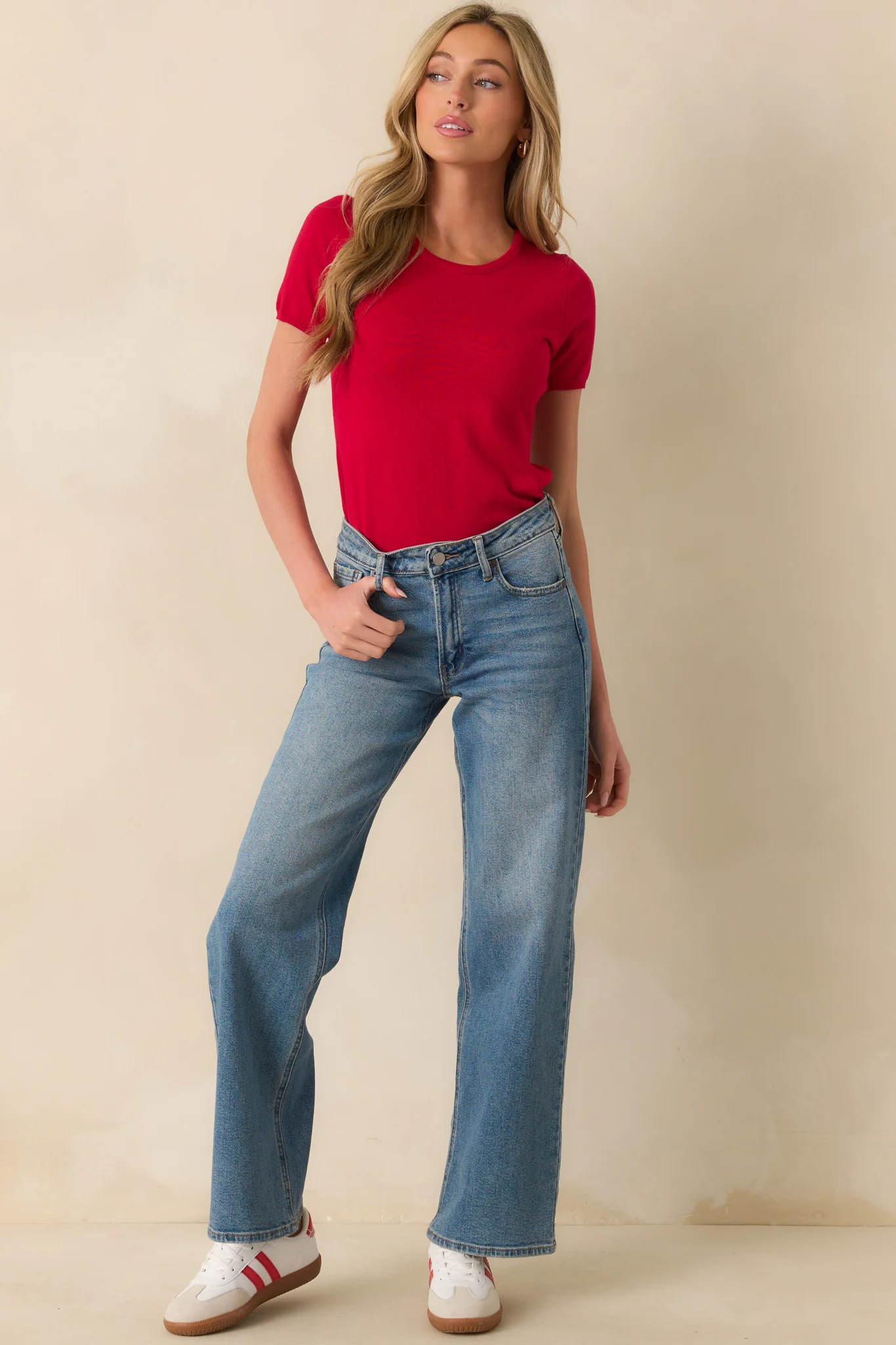 Cross Your Mind Red Short Sleeve Sweater Top