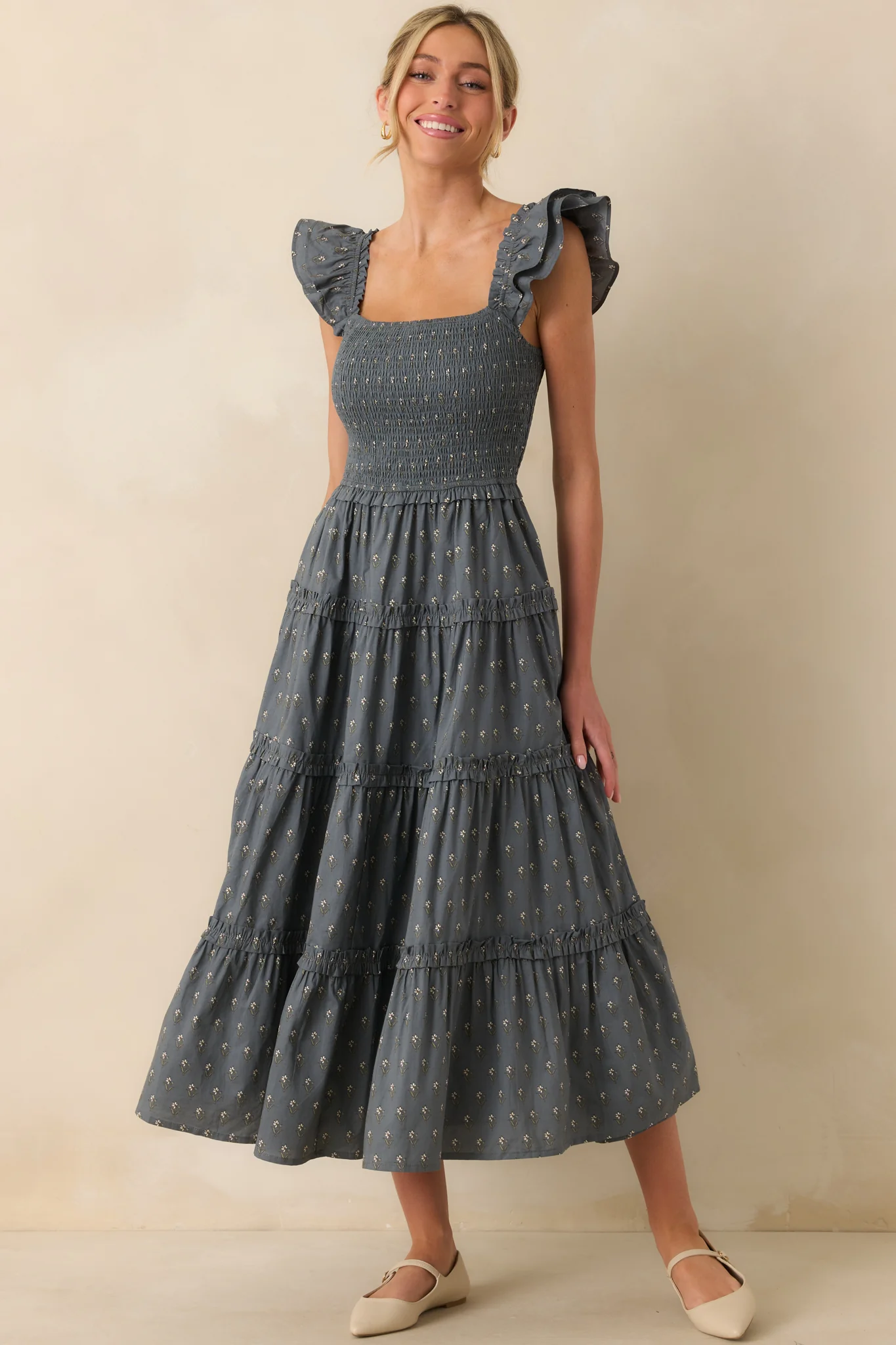 Wildflower Wish Slate Blue Multi Floral Print Cotton Midi Dress