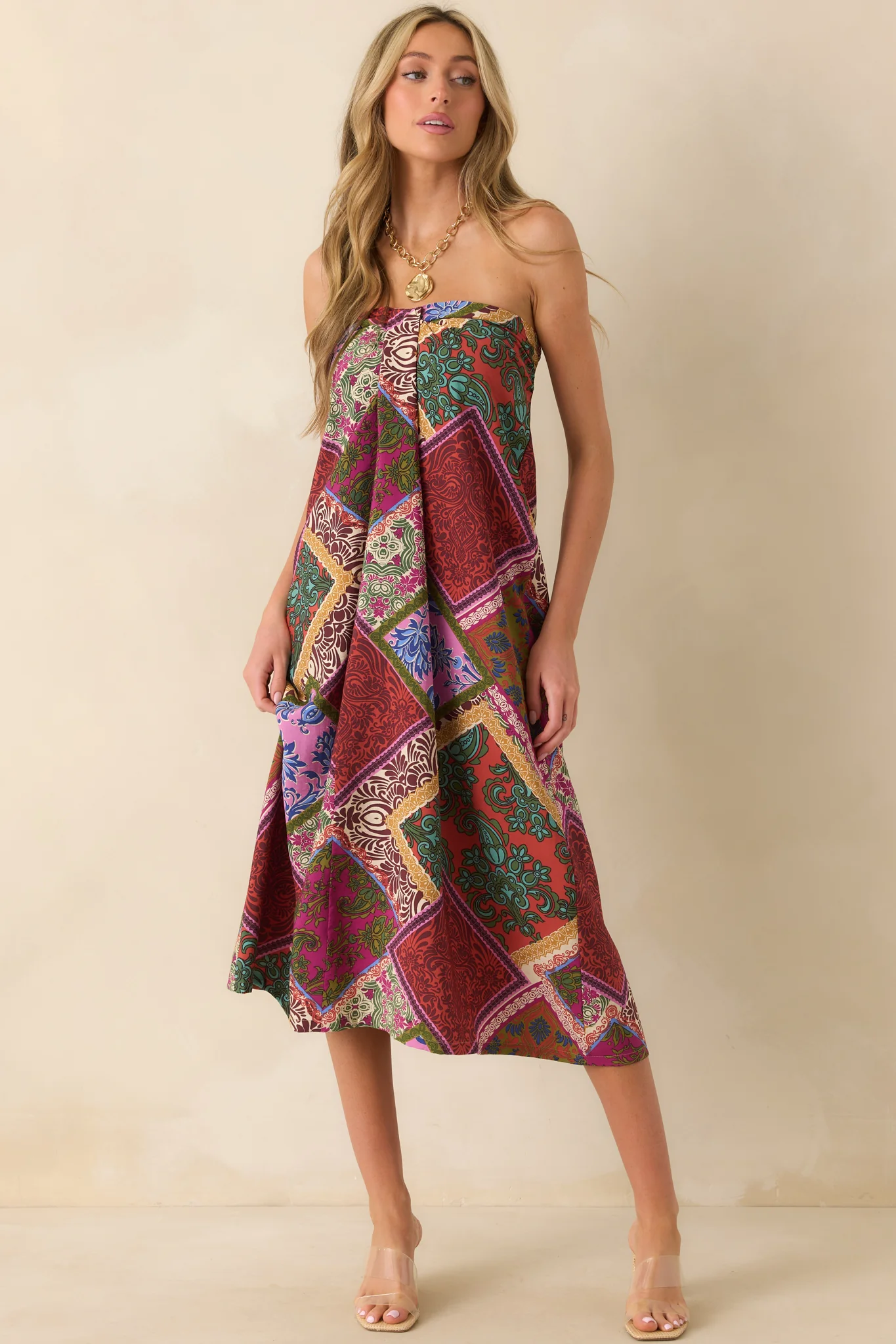 Everyone Knows Red Multi Patchwork Print Rayon Strapless Midi Dress