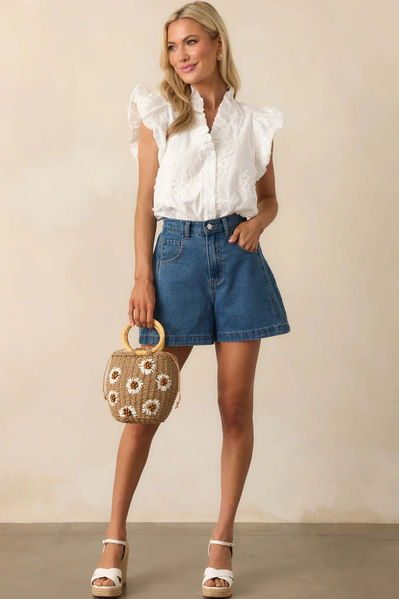 Quietly Captivating Ivory Floral Embroidered Cotton Button Front Top