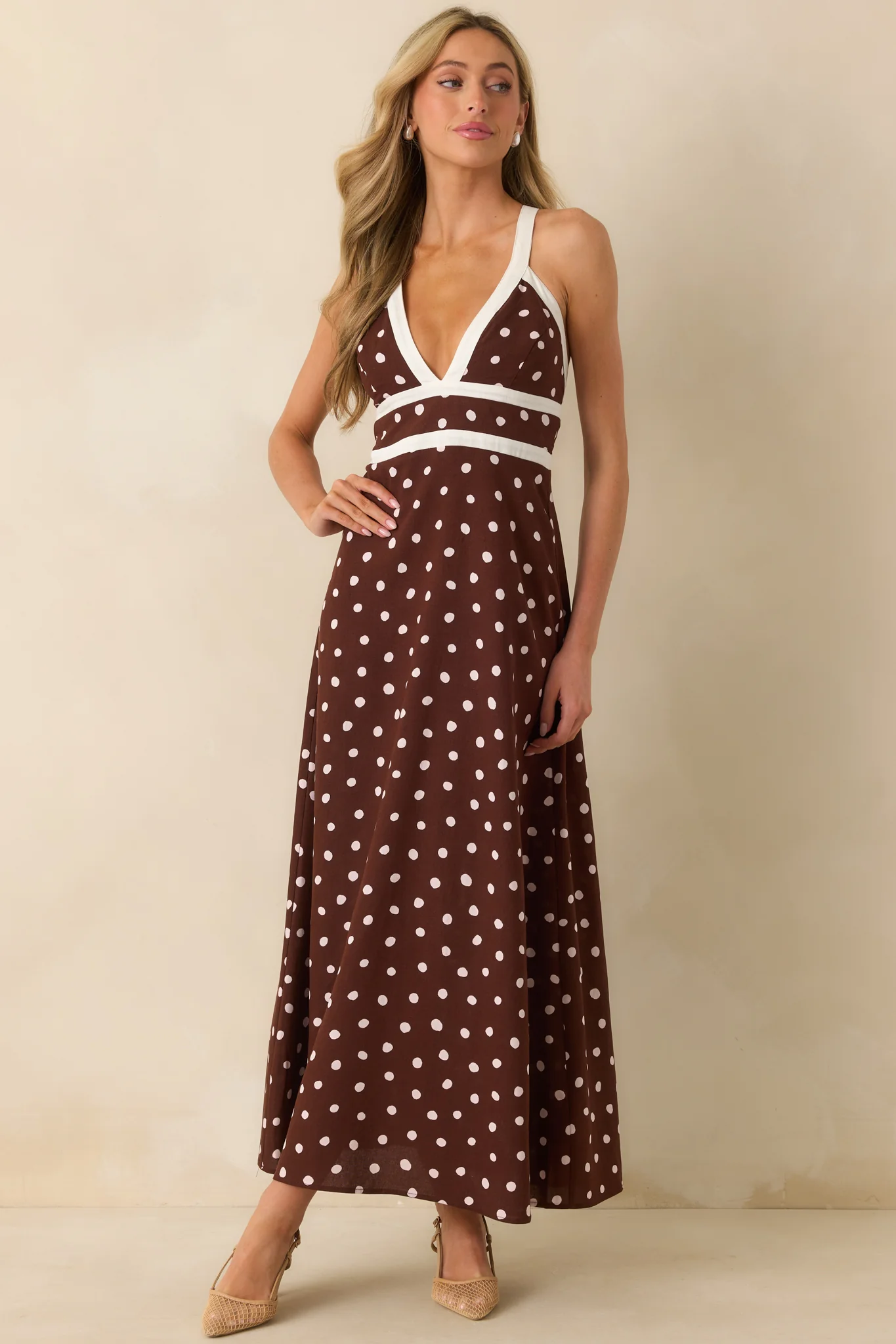 MINKPINK Chocolate Brown Polka Dot Cedar Spot Cross Back Maxi Dress