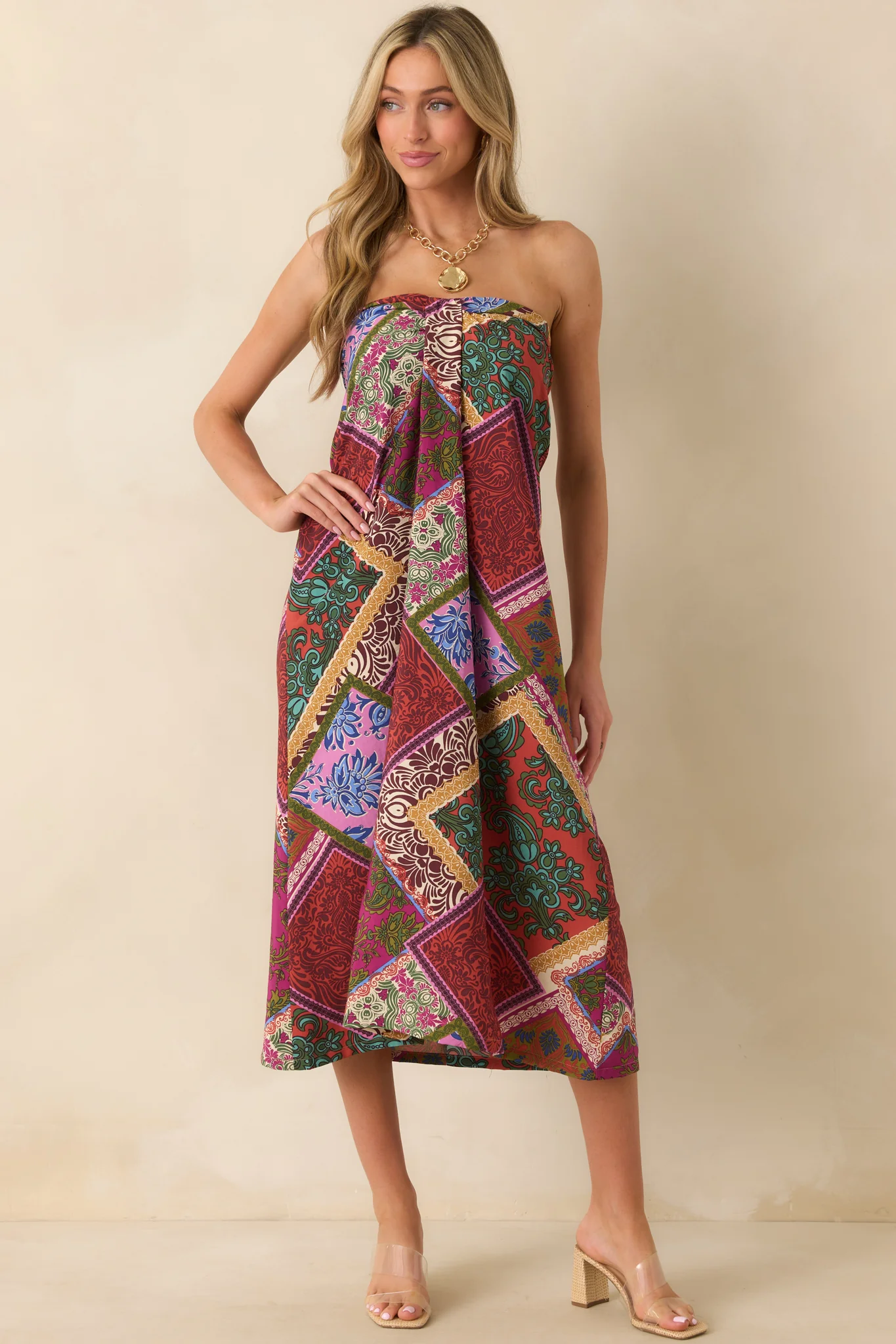 Everyone Knows Red Multi Patchwork Print Rayon Strapless Midi Dress