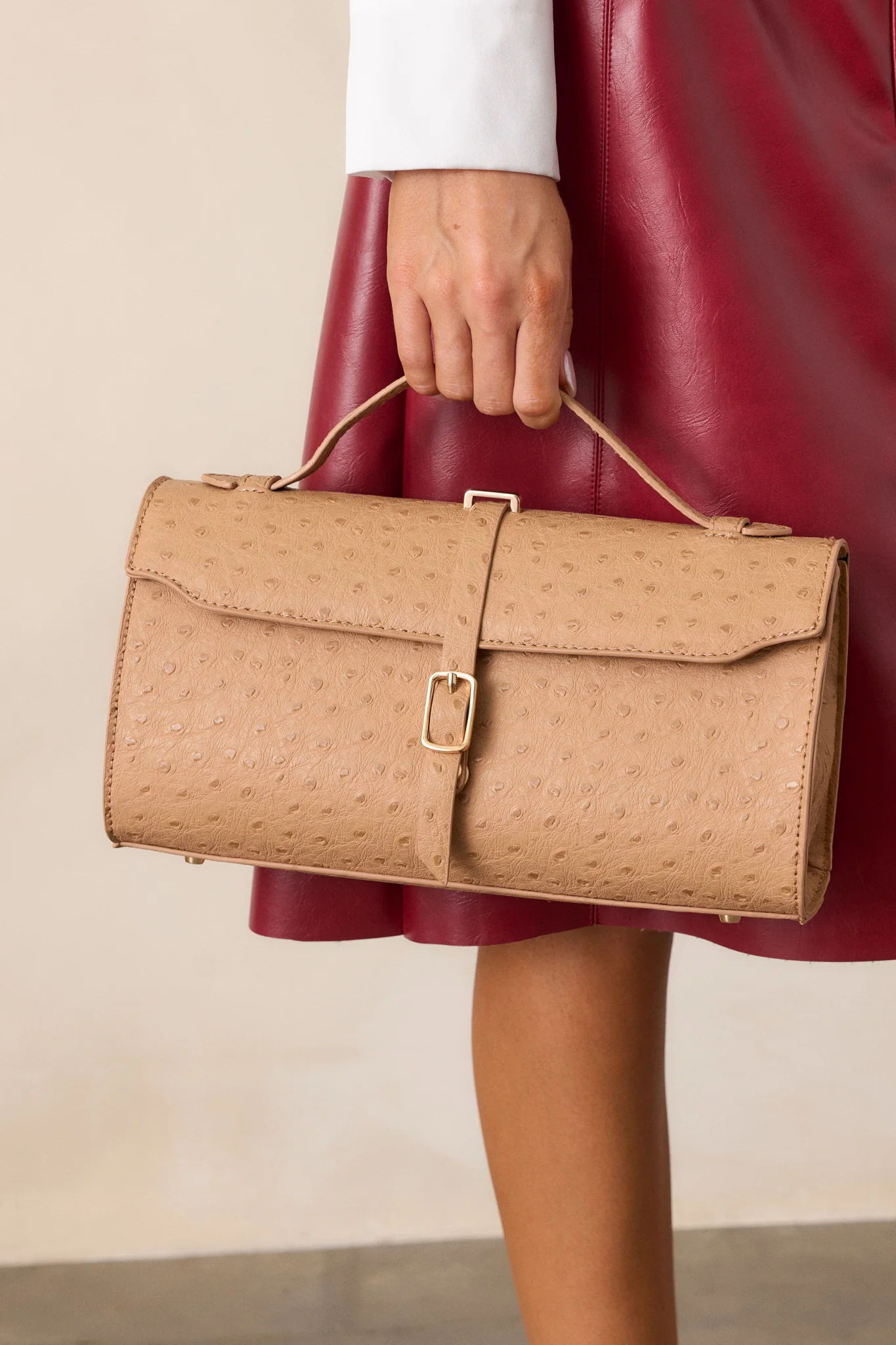 A Perfect Match Camel Ostrich Print Handbag
