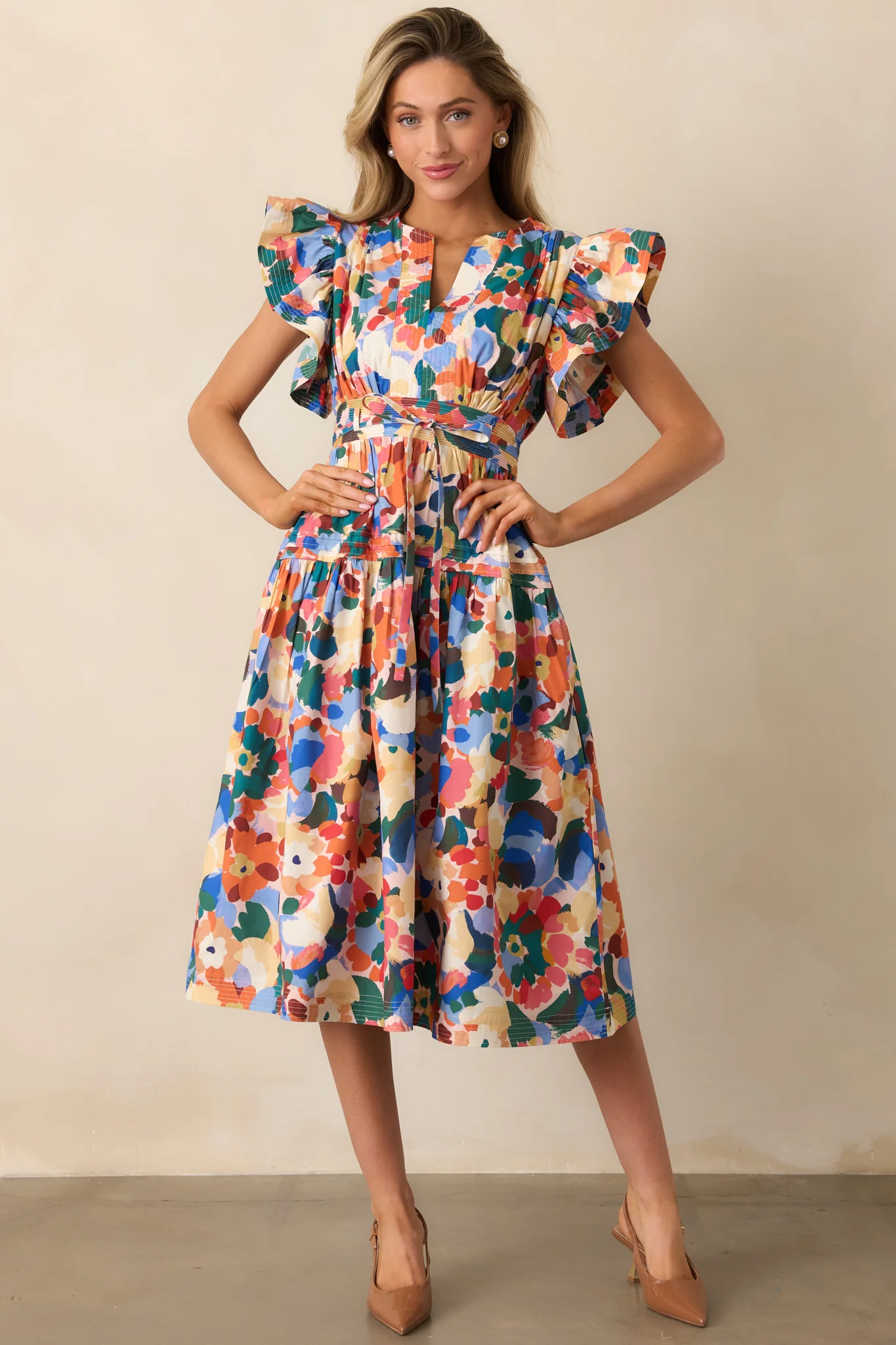 Prosperina Astor Orange Multi Floral Print Cotton Midi Dress
