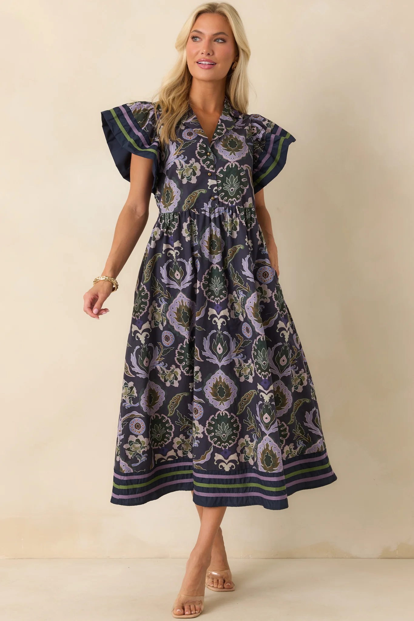 Still Thinking About Her Navy Multi Print Cotton Midi Dress