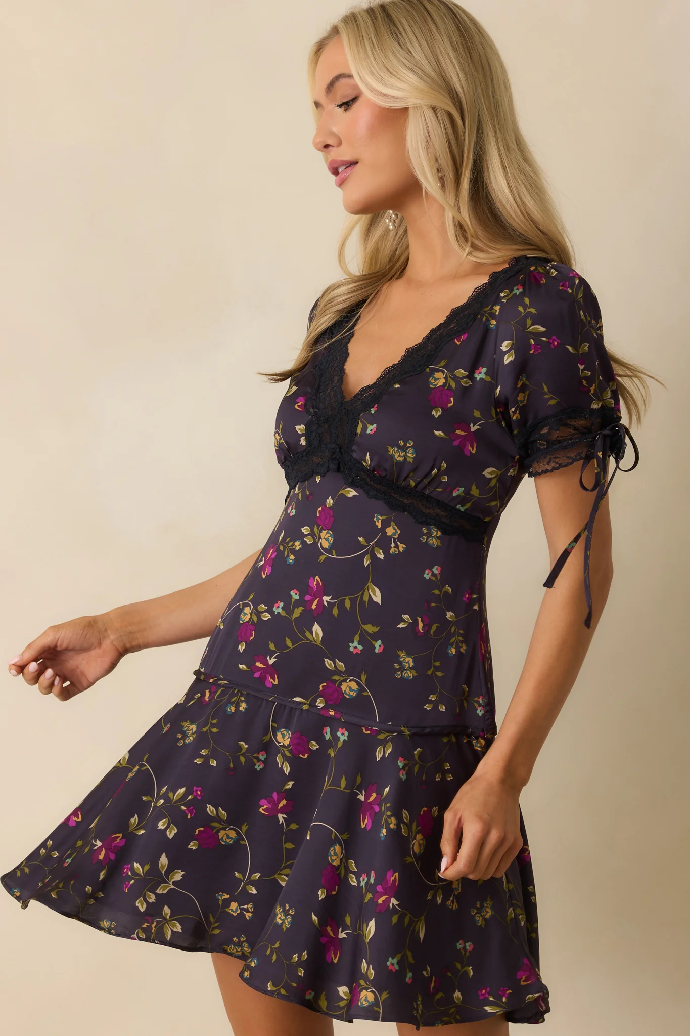 Every Little Detail Dark Indigo Multi Floral Print Satin Lace Mini Dress