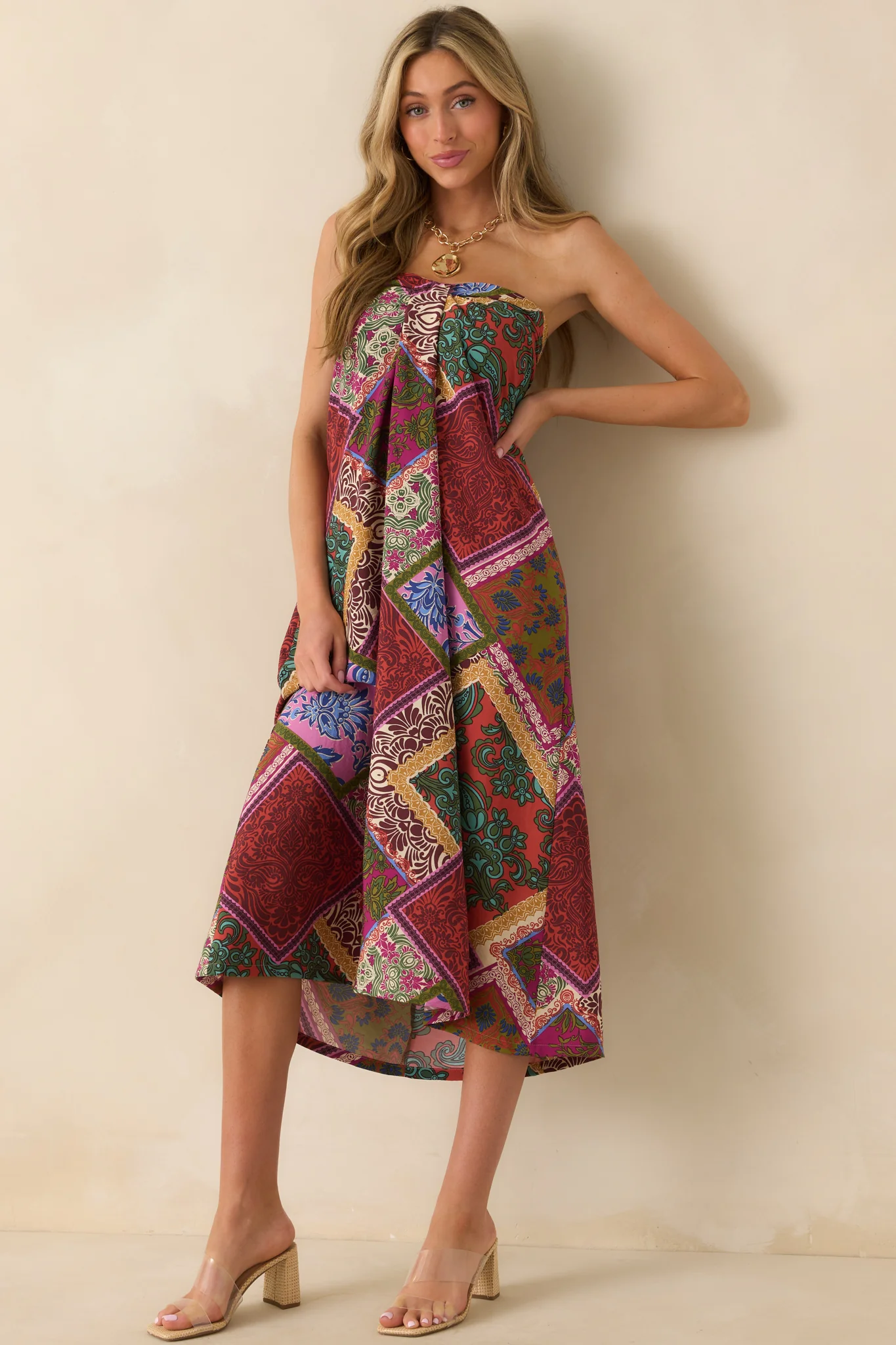 Everyone Knows Red Multi Patchwork Print Rayon Strapless Midi Dress