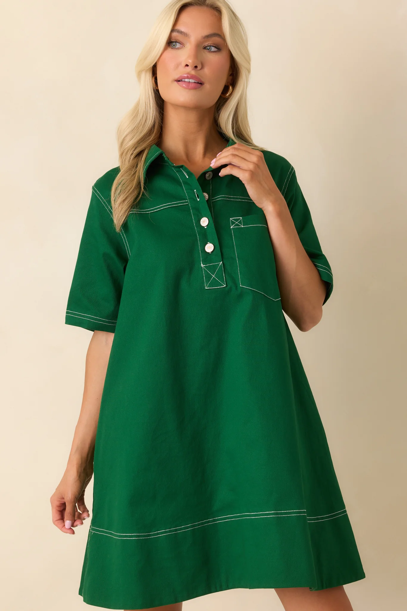 Going The Distance Kelly Green Cotton Mini Shirt Dress
