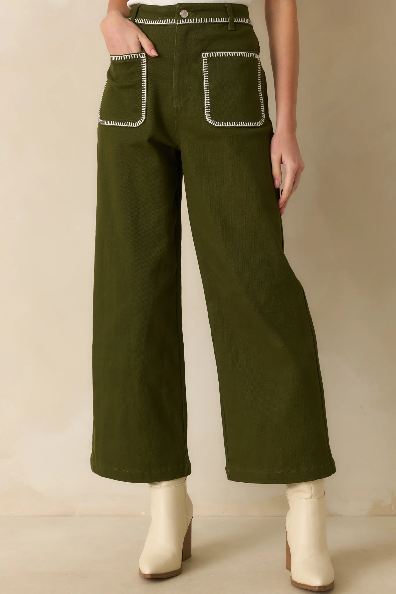 In The Right Place Olive Green Cotton Denim Wide Leg Jeans