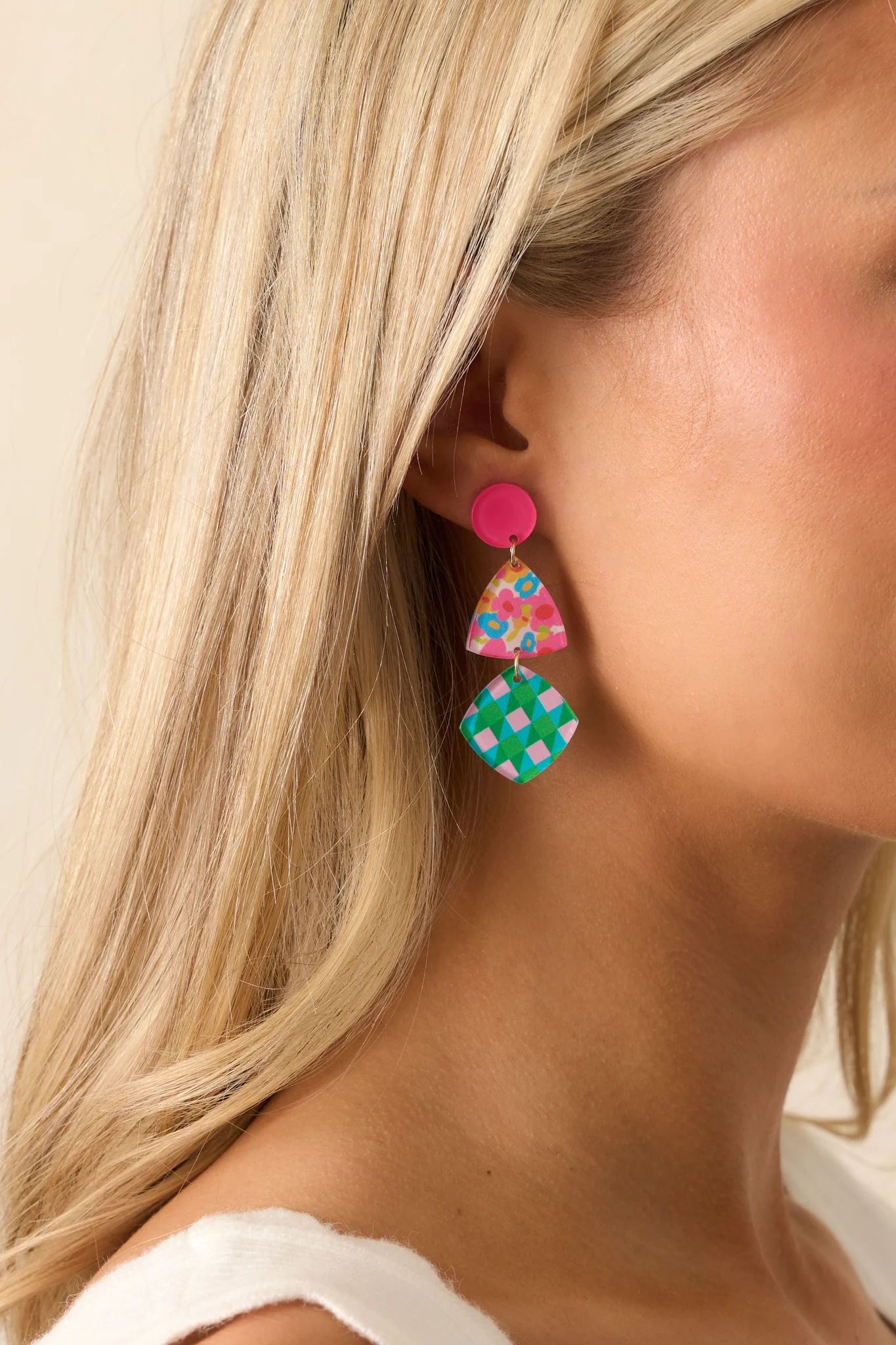 The Journey Begins Pink Geometric Drop Earrings