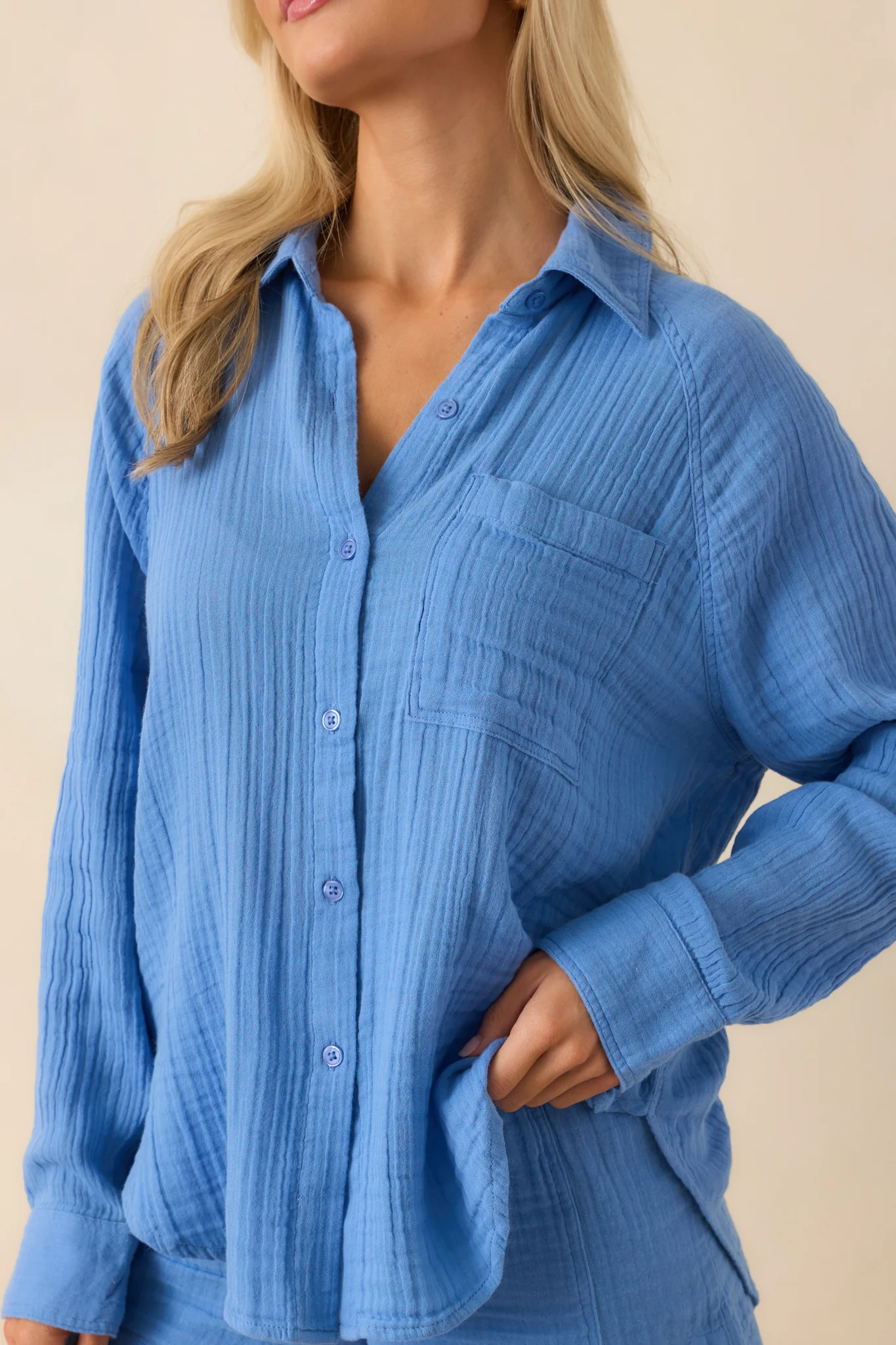 Z Supply Blue Cotton Perfect Airy Gauze Button Up Top