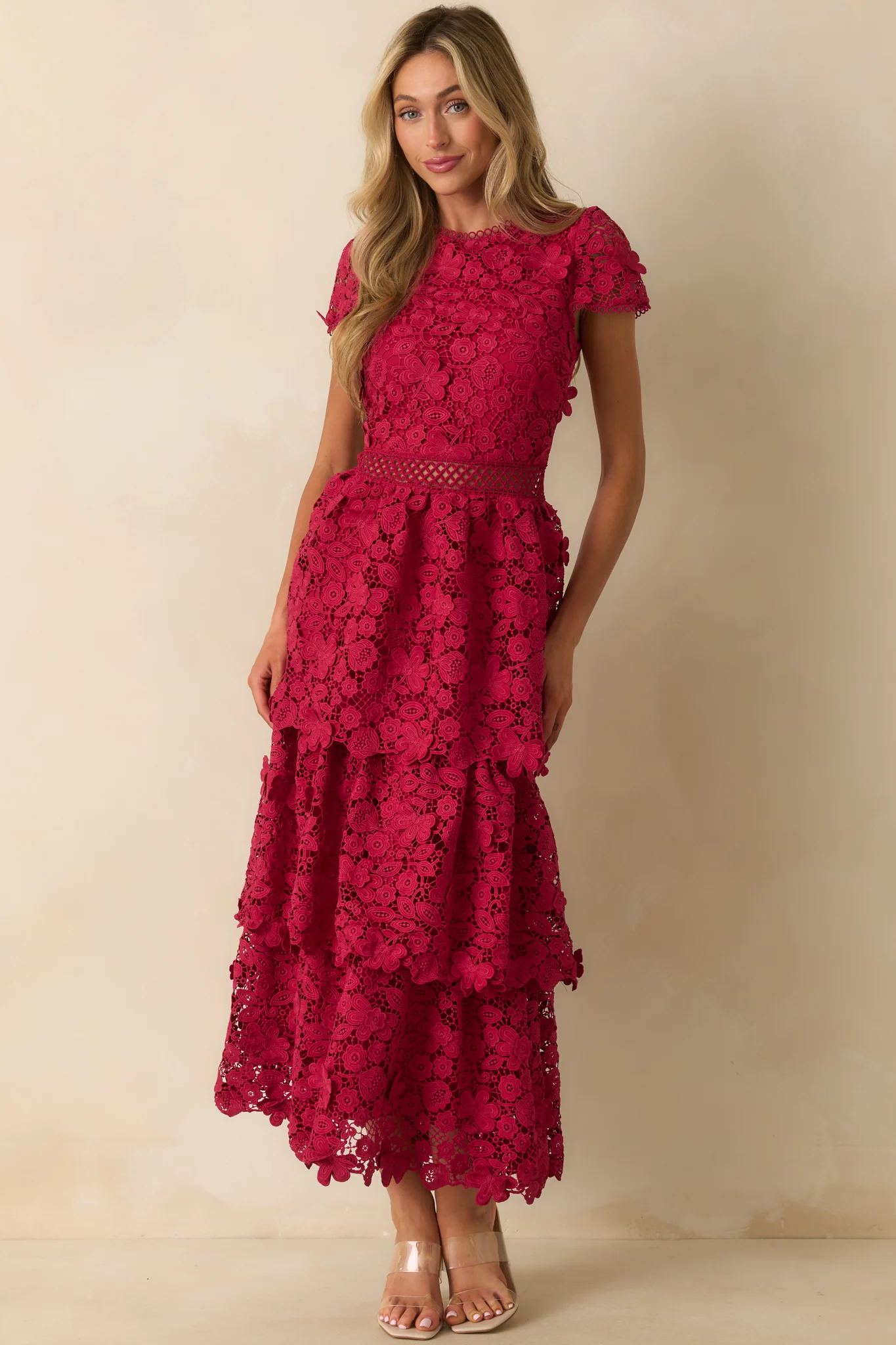 A Matter Of Time Red Floral Guipure Lace Tiered Maxi Dress