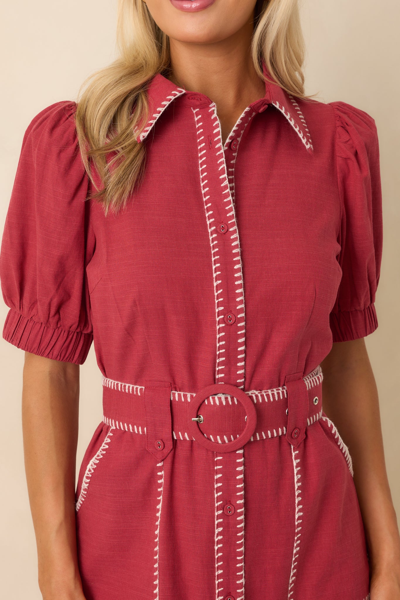 Heard It Before Burgundy Cotton Belted Mini Shirt Dress